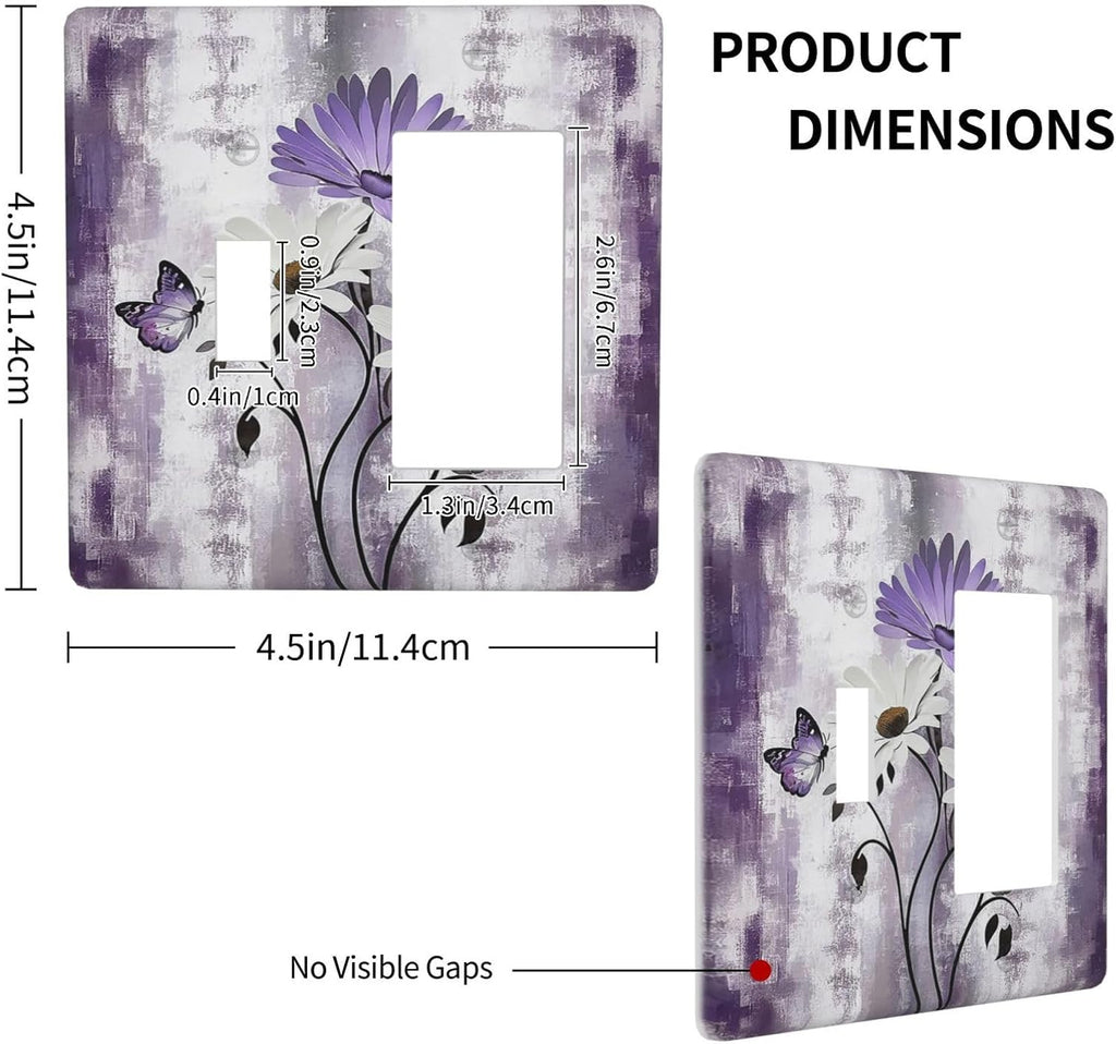 Purple Daisy White Floral Butterfly Flowers 2 Gang Combo 1 Toggle 1 Rcoker Light Switch Covers Decorative Switch Plates Electrical Switch Plates and Outlet Covers for Home Art Decor 4.5 X 4.5 IN