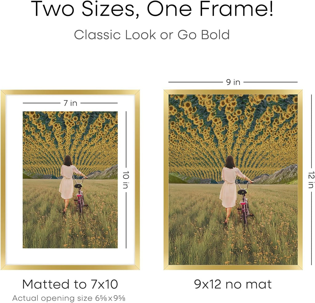 Homeforia 9x12 Gold Frame, High End Metal 9 x 12 Picture Frames with Mat 7 by 10 inch Photo, 9by12 Thin Poster Frame Matted to 7x10 Art, 12x9 Wall or Tabletop Frame, Tempered Glass, Wall Kit, Set of 4