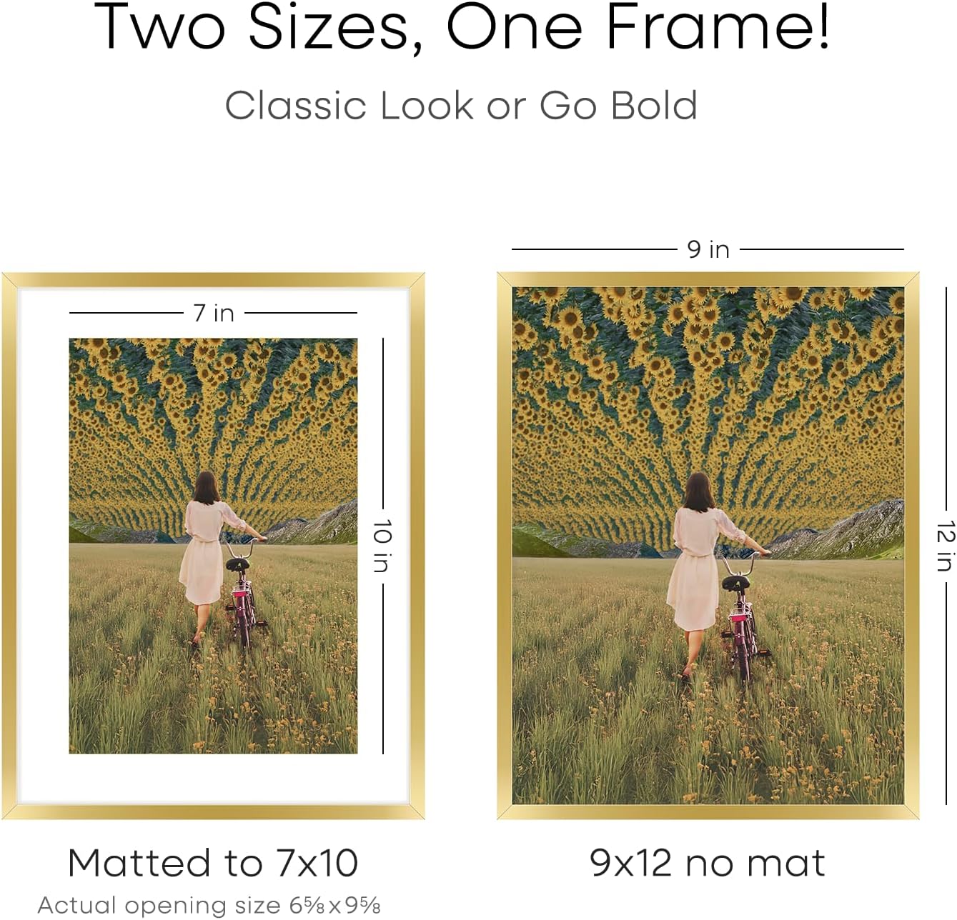 Homeforia 9x12 Gold Frame, High End Metal 9 x 12 Picture Frames with Mat 7 by 10 inch Photo, 9by12 Thin Poster Frame Matted to 7x10 Art, 12x9 Wall or Tabletop Frame, Tempered Glass, Wall Kit, Set of 4