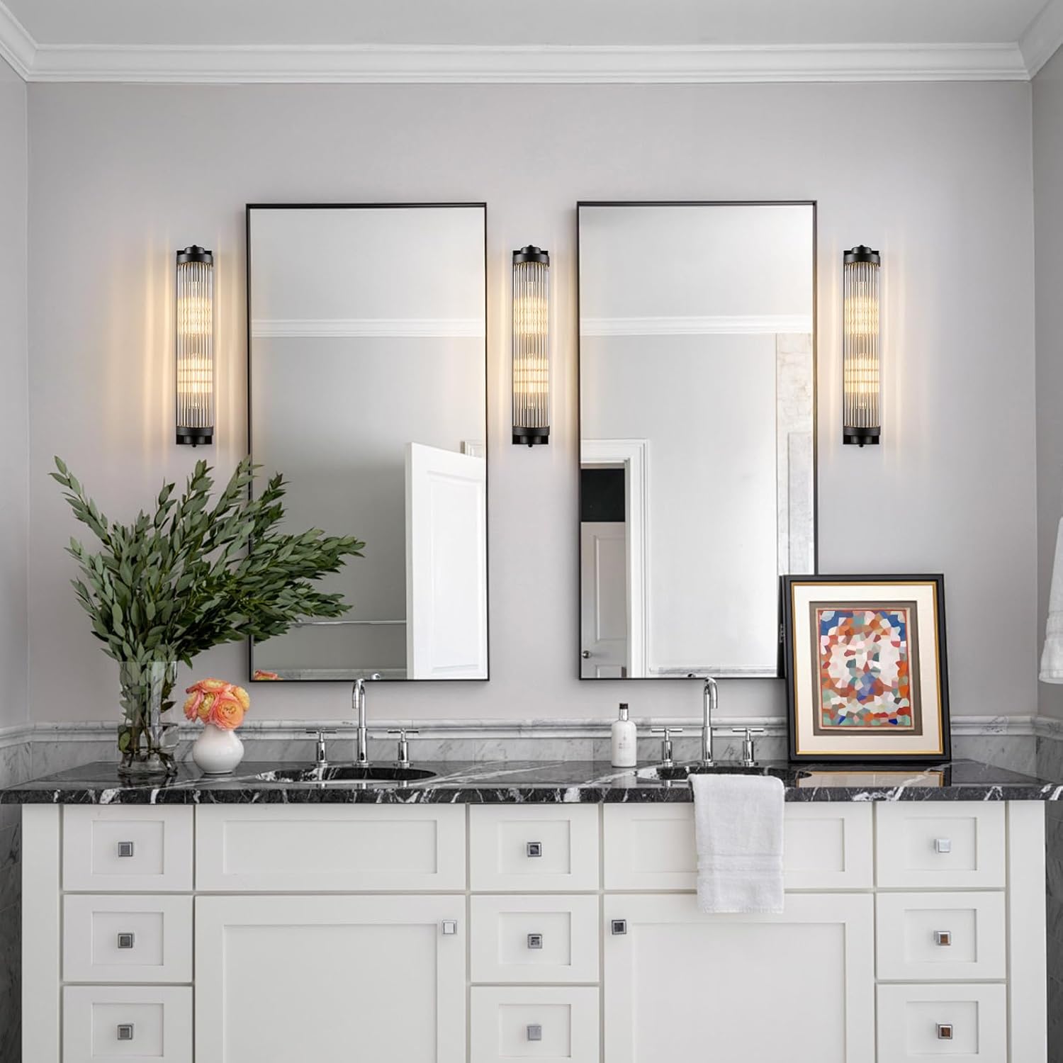 Black Wall Sconces Set of Two with Crystal Glass Strip Bathroom Sconces 2 Light E12 Base Modern Wall Lights for Bedroom Living Room Hallway Wall Light Fixtures