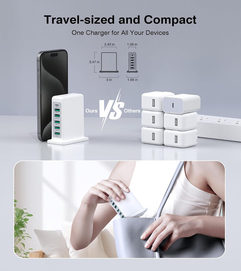 USB Charger Block, 45W 6-Port Charging Station for Multiple Devices, USB A and Type-C Charger Tower Fast Charging Dock Hub Power Strip for iPhone iPad Tablets Android Smartphones, Home Office Use