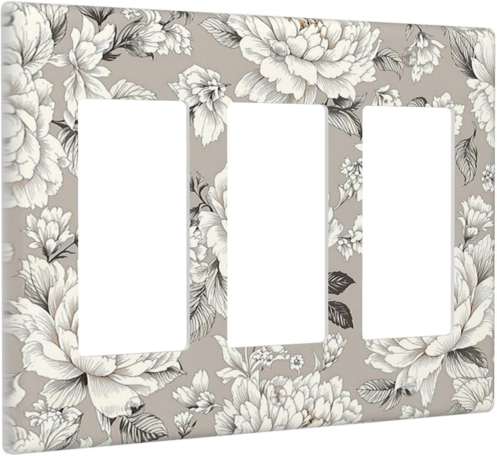 White Poppies Floral Modern Grey Peonies Flowers Light Switch Covers 3 Gang Rocker Decorative Triple Outlet Wall Plate Cover Electrical GFCI Switchplate for Bedroom Bathroom Decor