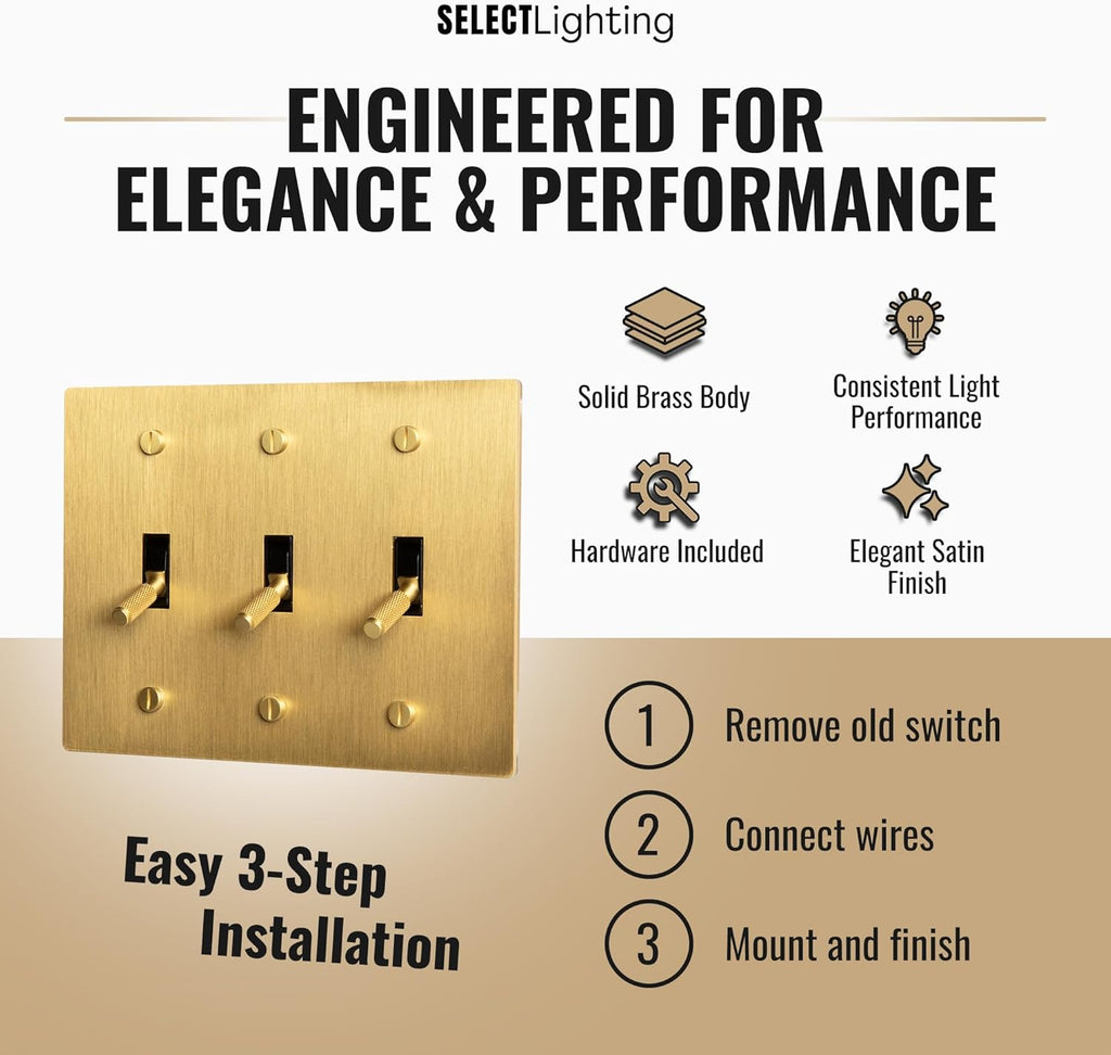 3-Gang Satin Solid Brass Plated Toggle Switch, 15A 120V AC Wall Mount, 3-Way Compatible Vintage Style Single Pole with Faceplate & Switch Module
