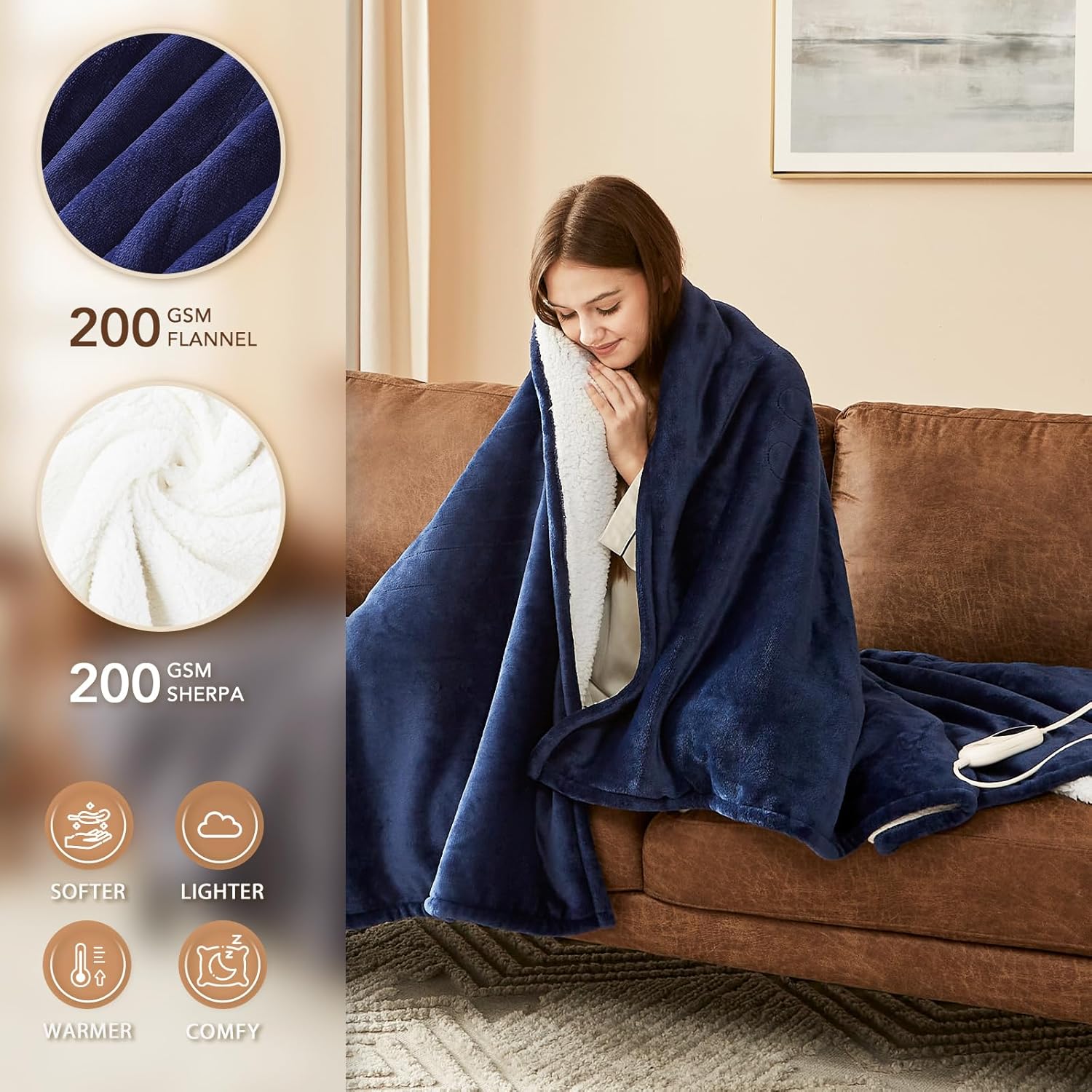 Homemate Heated Blanket Electric Throw - 50/''x60/'' Heating 1/2/4/6/8 Hours Auto-Off 10 Heat Level Over-Heat Protection Flannel Sherpa Heater ETL Certification, Blue