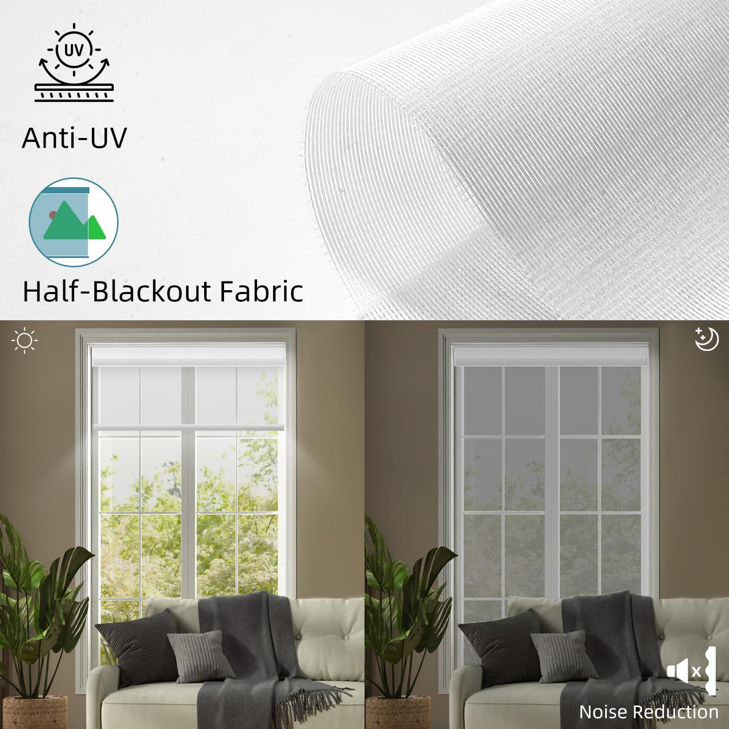 SmartWings Motorized Light Filtering Shades, 50% Blackout PVC Free Smart Blinds, Custom Size, Rechargeable Battery, Works with Matter/Apple HomeKit, Alexa, Thread/Zigbee, Remote Optional, 50% White