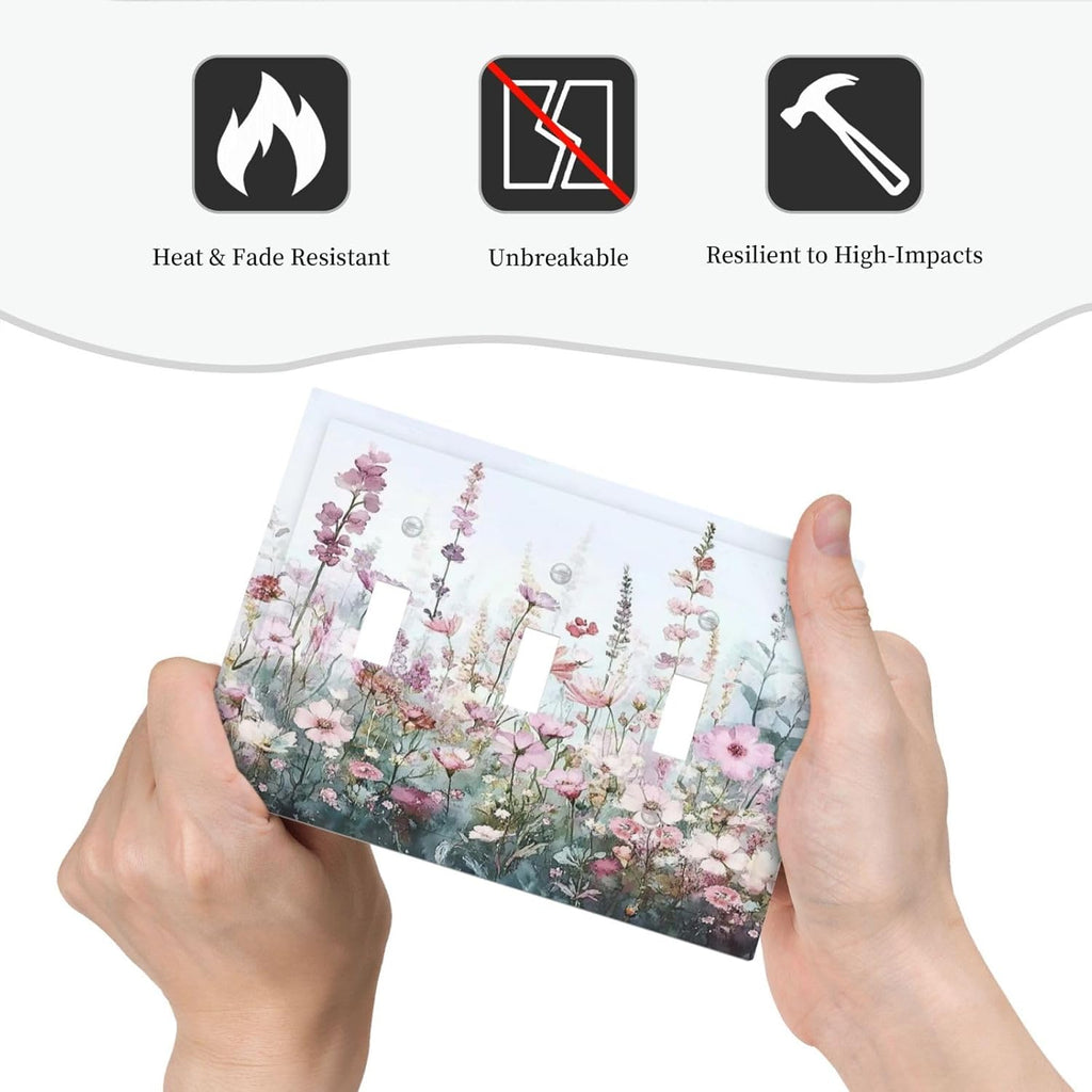 Pink Floral Watercolor Botanical Wildflowers Decorative Switch Plates 3 Gang Wall Plate Triple Toggle Light Switch Cover Faceplate Electrical Wall Panels For Bed Room Living Room Decor