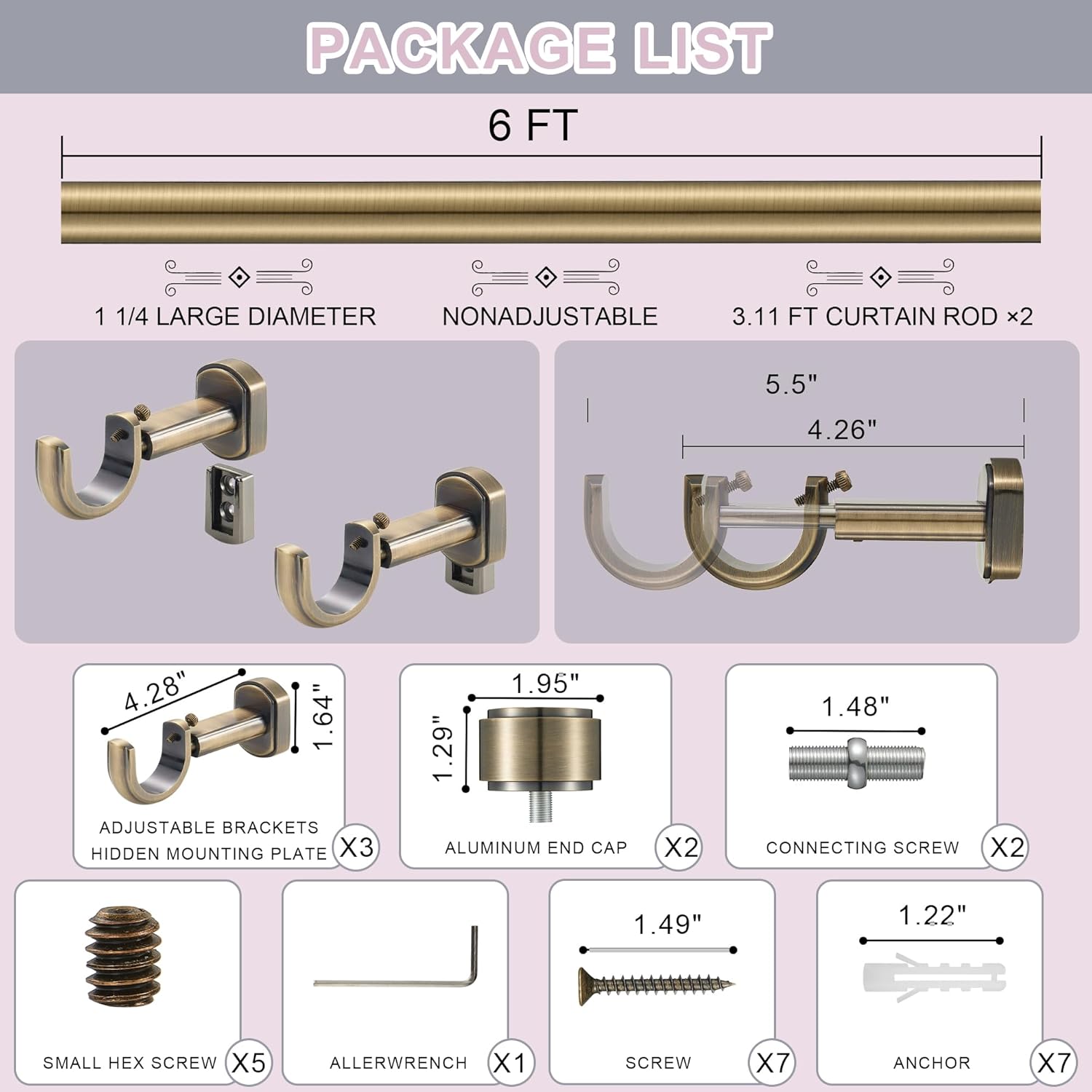 Heavy Duty Curtain Rods,1 1/4" Large Diameter Premium Nonadjustable Curtain Rod,72in/6ft Custom Window Treatment Rods with Durable Aluminum Brackets and End Caps,Antique Bronze Finish