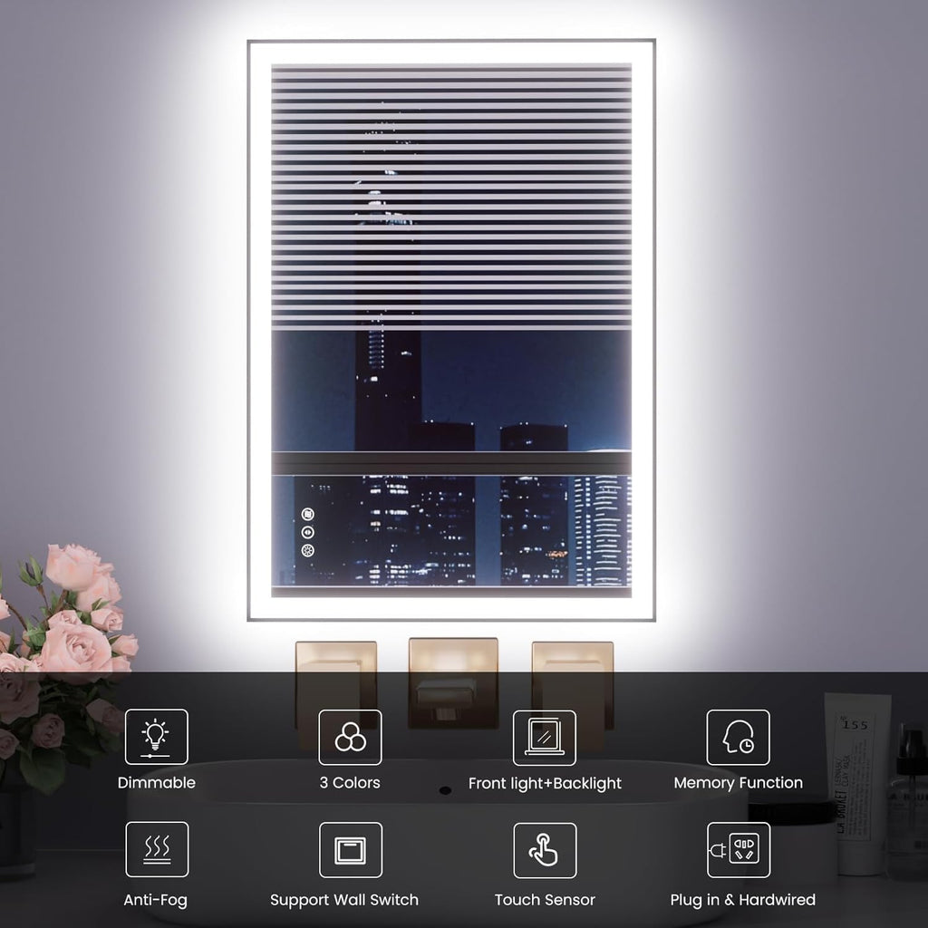 WTTY 20"X28" LED Bathroom Mirror with Black Frame, Bathroom Vanity Mirror with Lights for Wall, Front Light and Backlit, Anti-Fog, Dimmable, 3 Colors, Shatterproof, Memory, Horizontal/Vertical