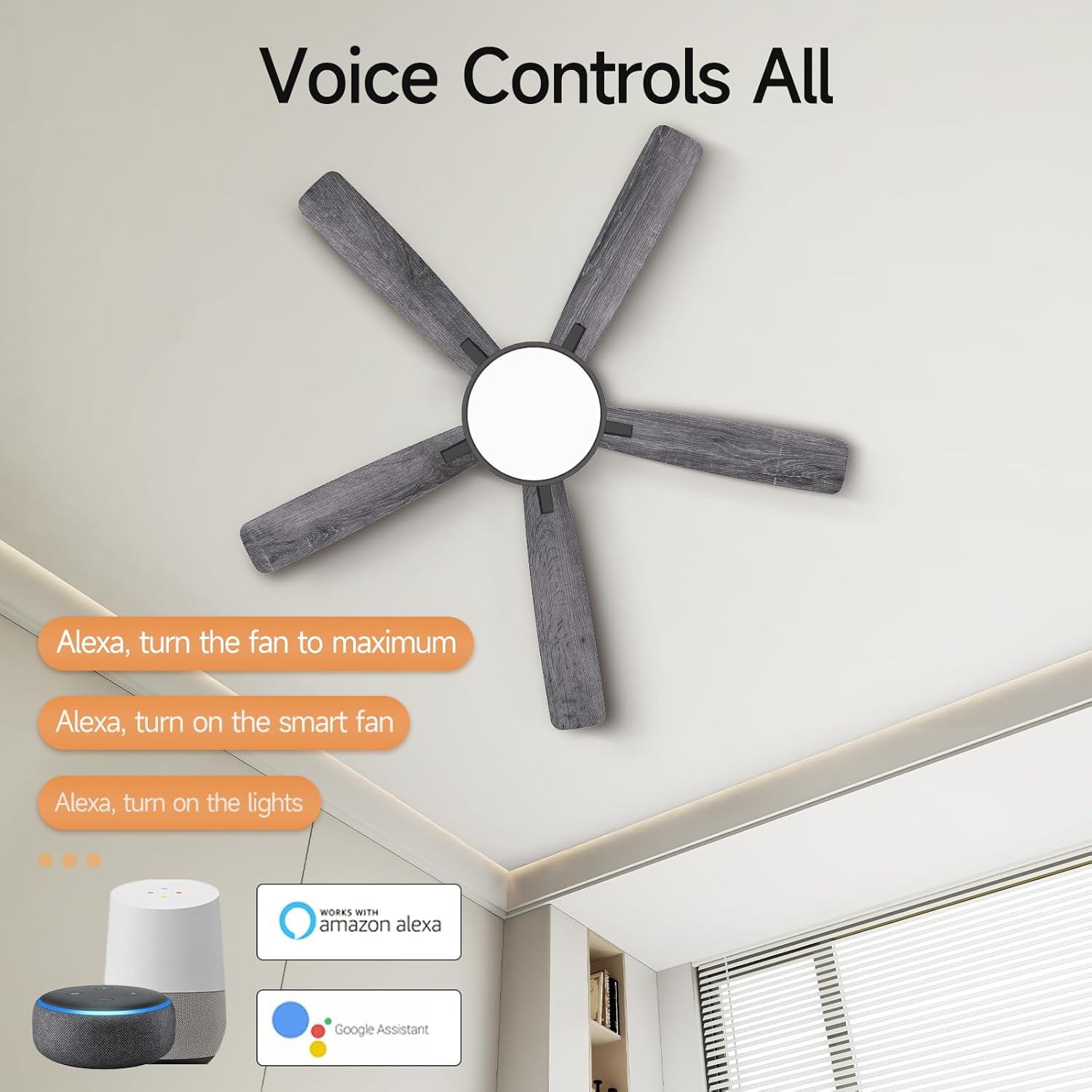 Ceiling Fans With Lights,52 Inch Smart Ceiling Fan, Remote/App Control, Compatible with Alexa/Google Assistant,Reversible,Dimmable,Adjustable Color Temperature,6 Speeds,Timer(Gray)