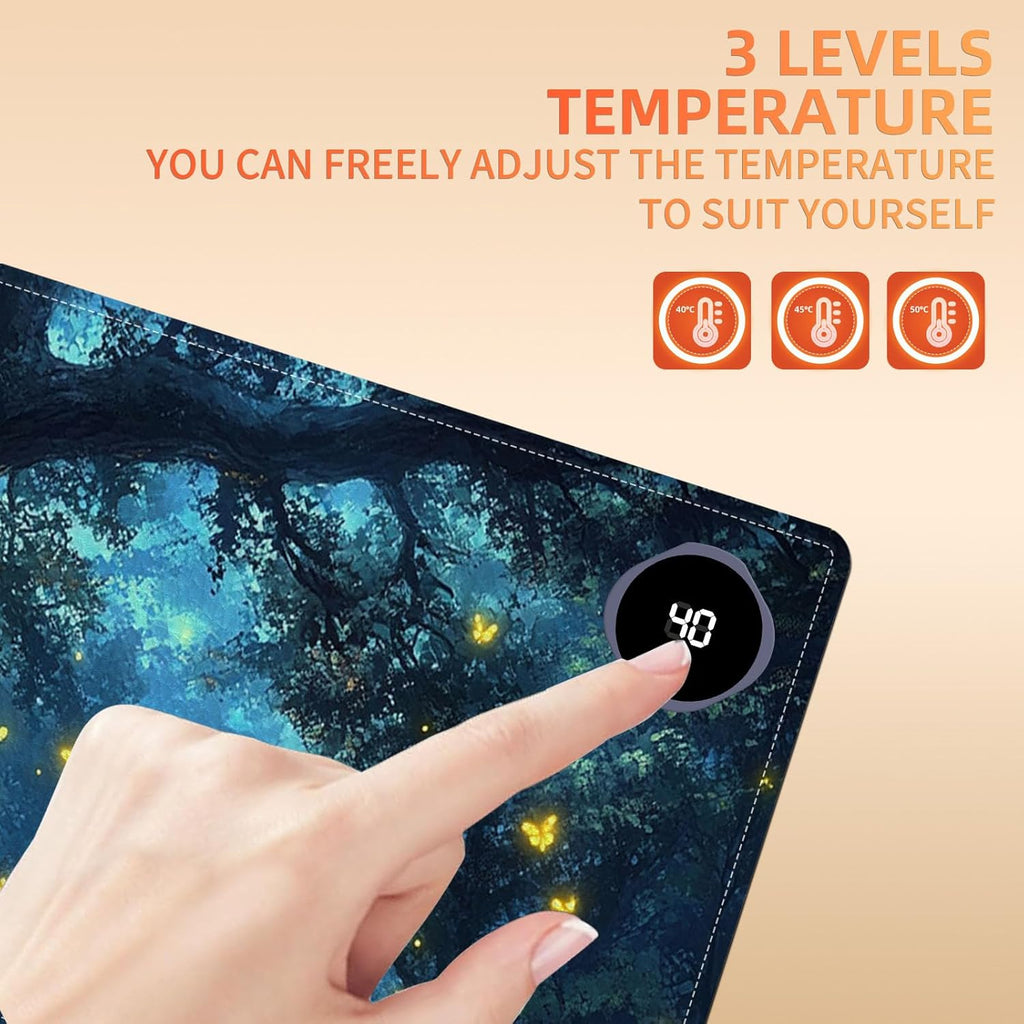 Heated Mouse Pad 31.5x13 in 3-Temp Fast Heating Desk Mat with Auto Timer Warmer for Hands Wrist Pain Relief Waterproof Keyboard Mat for Office, Gaming, Home, Enchanted Forest Glow