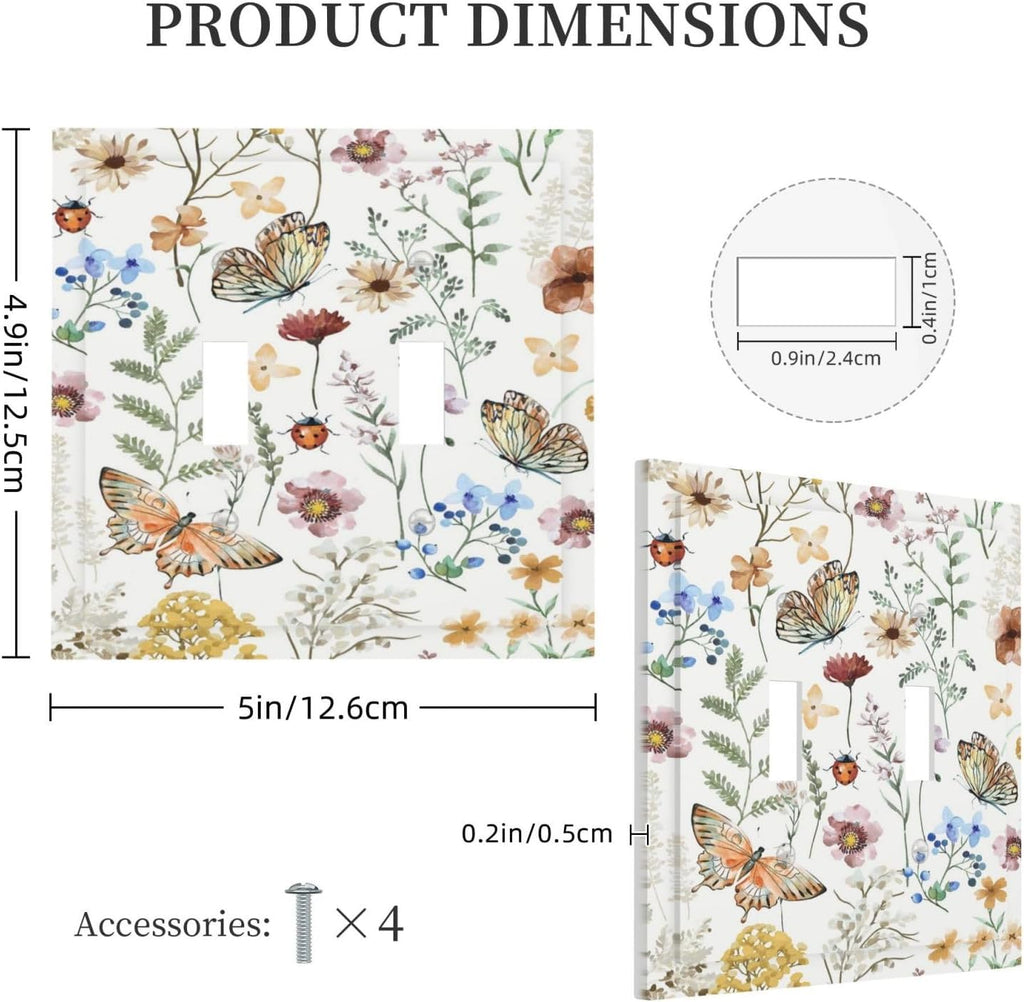Decorative Light Switch Cover Boho White Background Butterfly Rustic Flower Double Toggle Personalized Wall Plate Switchplate 2 Gang Switchcovers Decora Light Switch Plate
