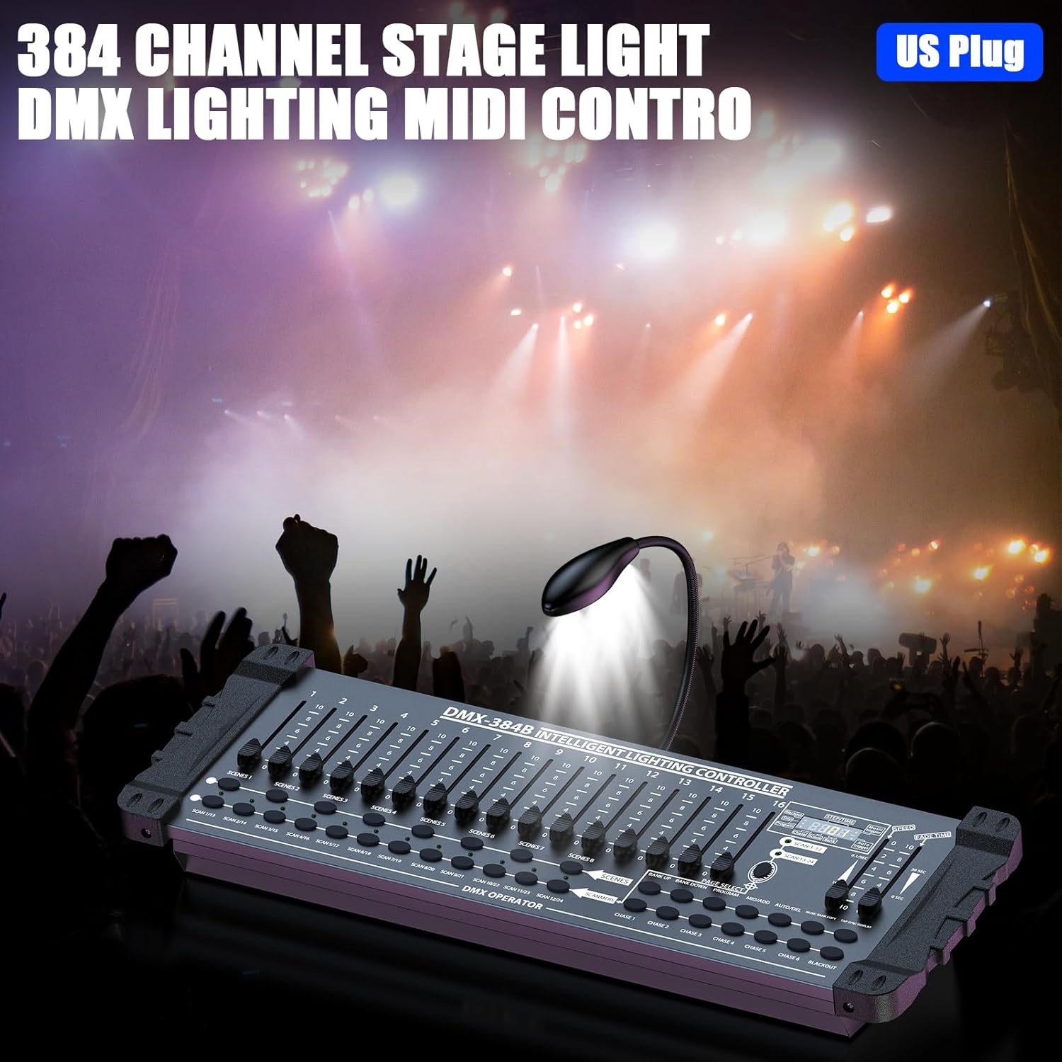 DJ Controller 384CH Fog DMX-512 DJ Controller Support 30 Banks 8 Scenes 24 fixtures Stage Lighting Console for Program Editing of DJ Lights Show Bar Club Live