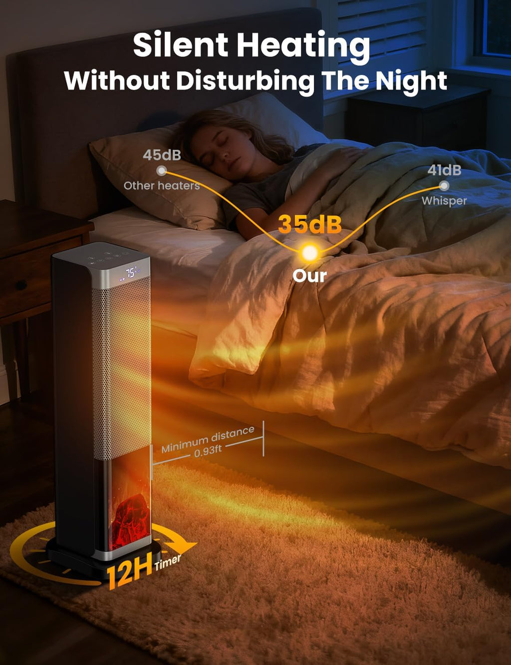 Space Heaters for Indoor Use, 1500W PTC Ceramic Electric Heater with Thermostat, Room Temperature Display, 70° Oscillation, Remote Control, 12H Timer, Quiet Portable Heater for Office Bedroom