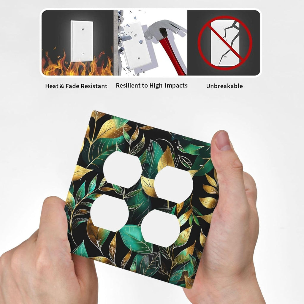 Outlet Covers Vintage Dark Green Vine Leaf Golden Plants 2 Gang Double Duplex Decorative Light Switch Covers Electrical Wallplates Socket Faceplate for Bed Room Cabin Decor
