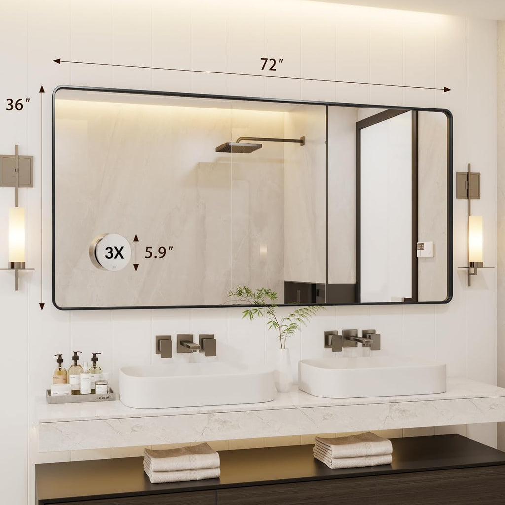 72X36 Inch Black Metal Framed Bathroom Mirror for Wall, Rounded Rectangle Mirror, Matte Black Bathroom Vanity Mirror, Environmentally Friendly Resin Mirror, Anti-Rust