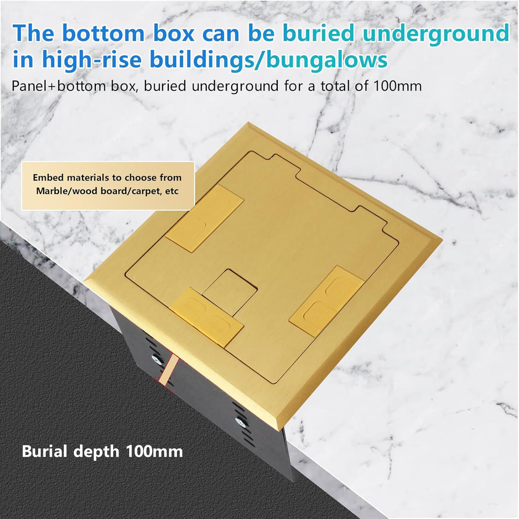 KYHSHJ Recessed Flat Hidden Socket Kit with 2 * 20A Receptacle，4.8A*2 USB-A Ports +3-Port RJ45 Datacom Receptacle. Internal Height Adjustable，Corrosive Resistant Hardware,Brass