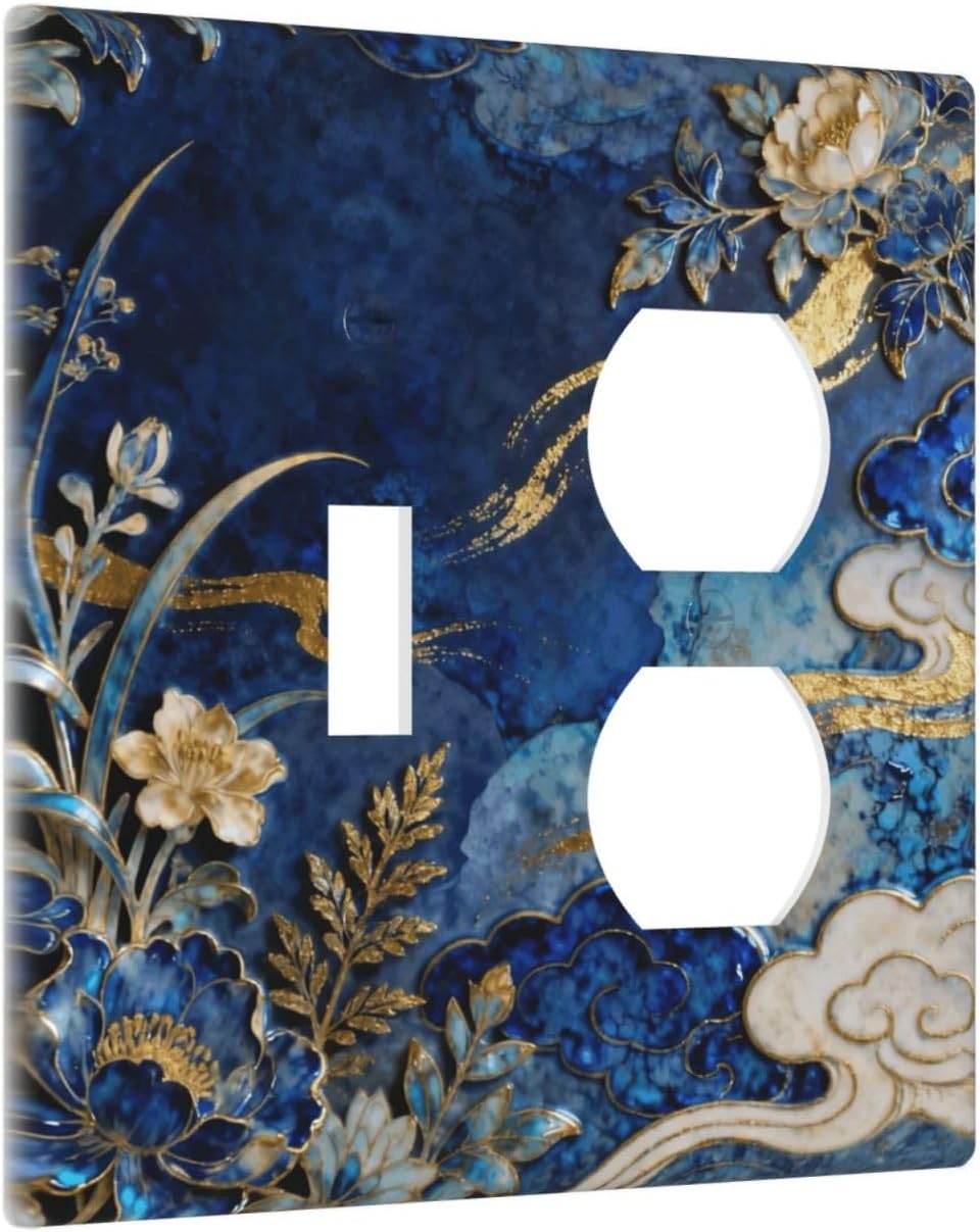 Decorative Outlet Covers Blue White Flower Gold Line Cloud 2 Gang Light Switch Cover Plate Single Toggle Duplex Wall Plates for Electrical Outlets Switch Plate Covers for Home Decor