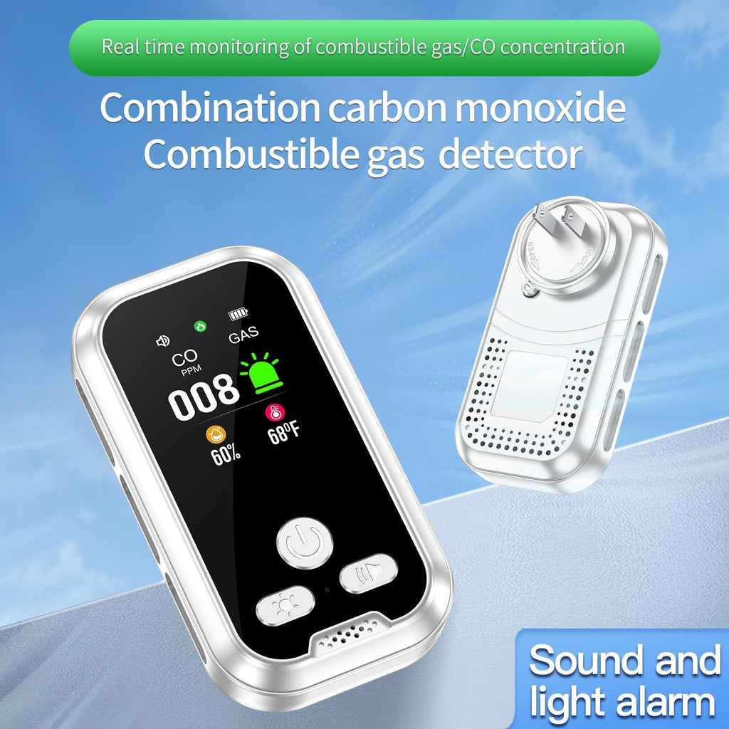 4IN1 Plug in Natural Gas & Carbon Monoxide Detectors Combination Builti-in 2000 mAh Backup Battery HD Screen [Propane Methane Gas CO Temp Humidity Sensor] Alarm for Home Hotel RV (White)