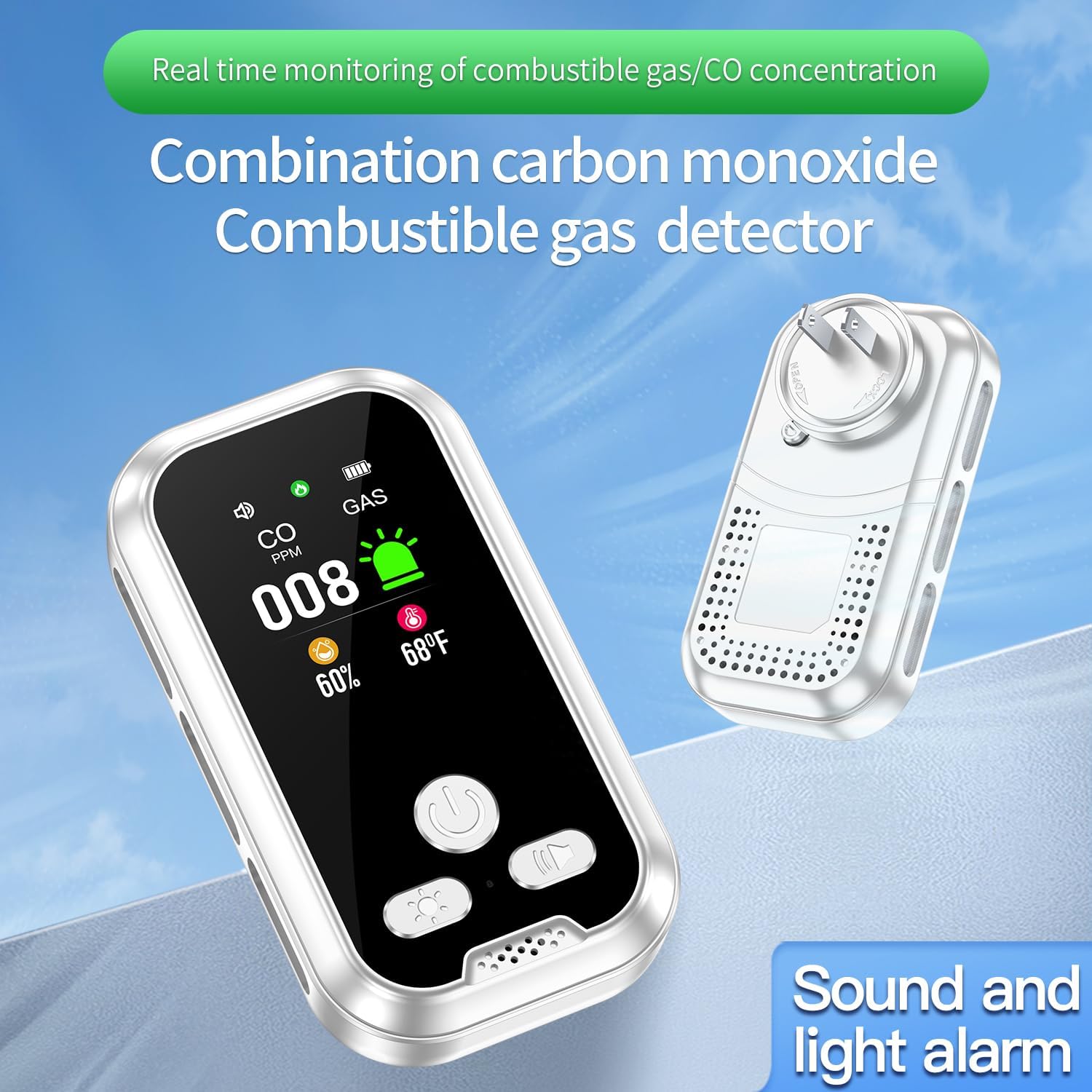 4IN1 Plug in Natural Gas & Carbon Monoxide Detectors Combination Builti-in 2000 mAh Backup Battery HD Screen [Propane Methane Gas CO Temp Humidity Sensor] Alarm for Home Hotel RV (White)