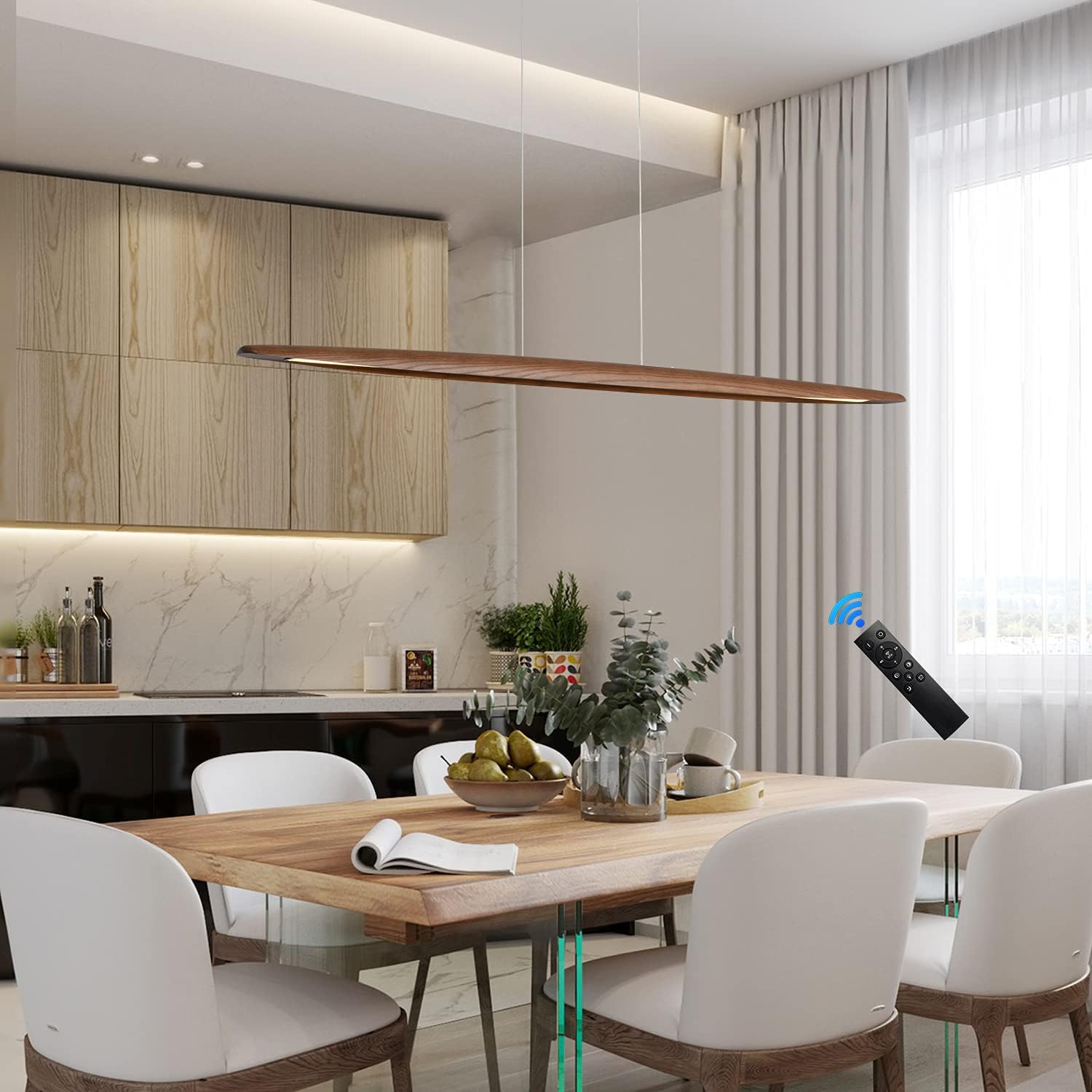 71" Wood Linear Pendant Light Wood Linear Dinning Room Light Island Lights LED Dimmable Chandelier 40w for Dining Room Billiard & Pool Table Walnut Color