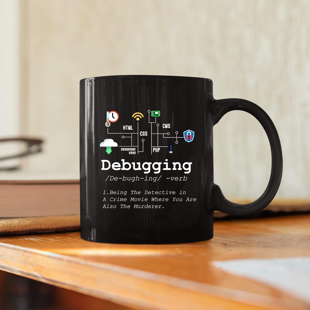 Panvola Debugging Definition Mug Funny Gift Computer Programmer Programming Coding Code IT Tech Support Coffee Ceramic Cup 11 oz (Black)