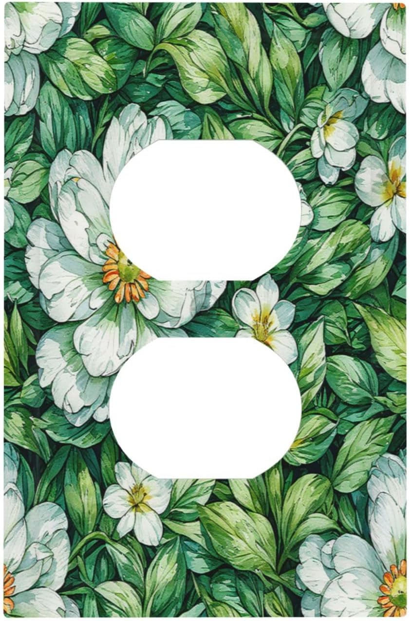 Vintage Floral White Flowers Green Plants Leaves Outlet Covers 1 Gang Duplex Light Switch Cover Wall Plate Decorative Switch Plates Electrical Receptacle Faceplate for Bedroom Bathroom Decor