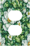 Vintage Floral White Flowers Green Plants Leaves Outlet Covers 1 Gang Duplex Light Switch Cover Wall Plate Decorative Switch Plates Electrical Receptacle Faceplate for Bedroom Bathroom Decor