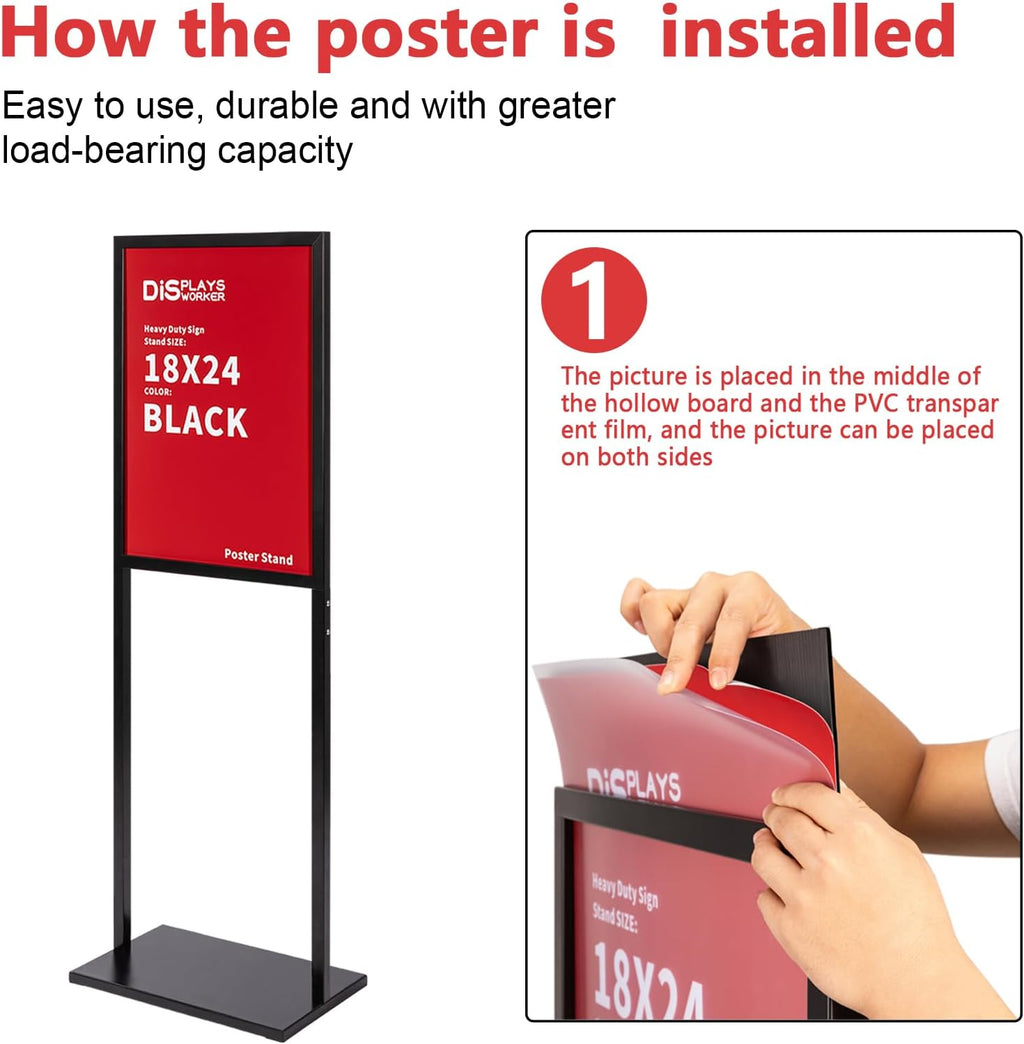 DISPLAYSWORKER Sign holder floor stand, heavy Duty Pedestal poster banner stand for display,18×24 inch slide-in double sided poster sign holder floor standing for board Display (Black, 18×24)