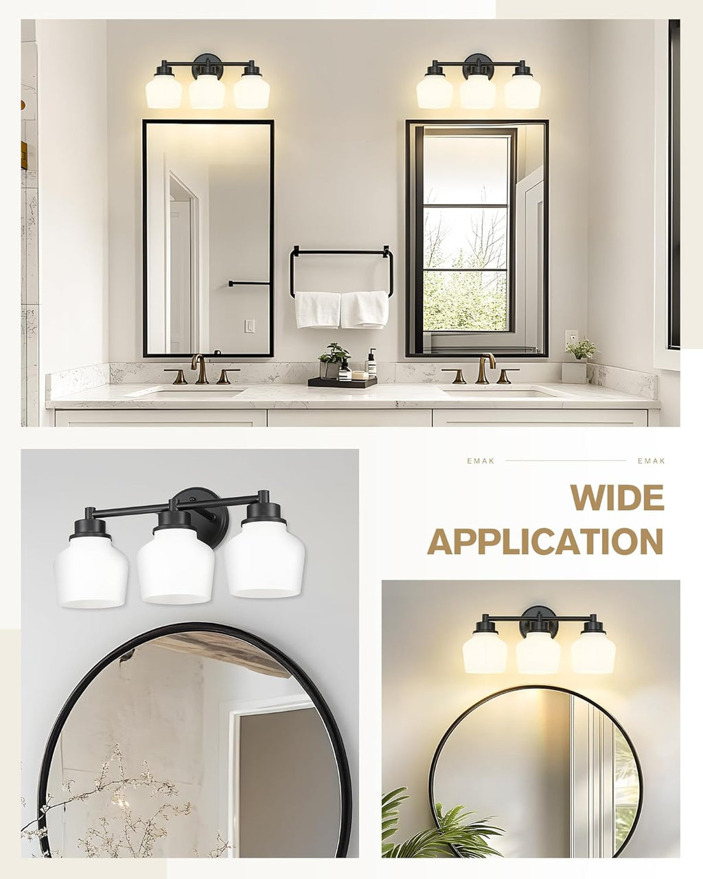 Emak Modern Black Bathroom Lighting Fixtures Over Mirror, Farmhouse 3-Light Vanity Lights with Milk Glass Shade for Bathroom, Mirror, VL122-BK-ML-3