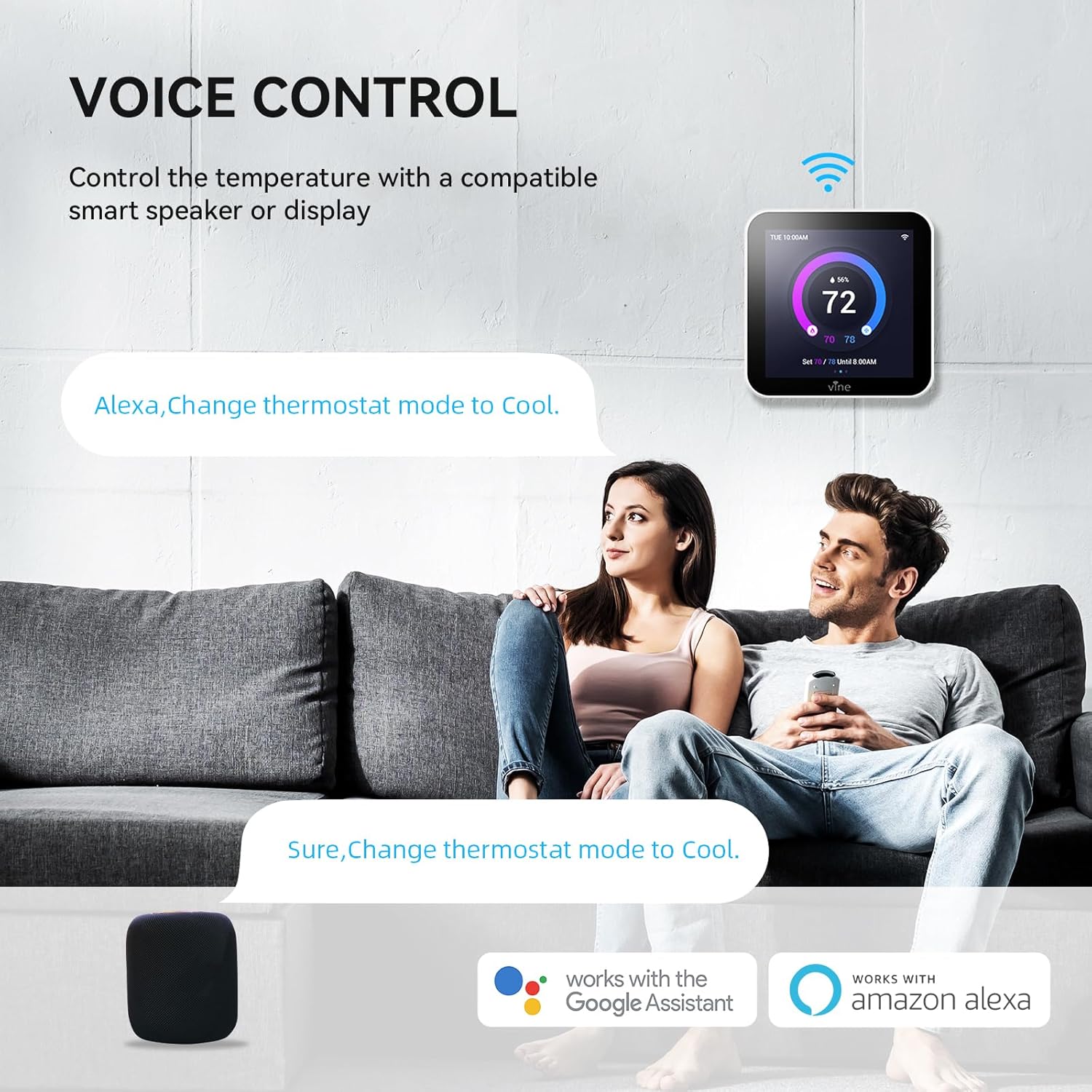 vine Programmable Thermostat for House with 4.0" Touch Screen, WiFi Smart Home Thermostat for AC and Heating, App/Voice Control, Valentine's Day Decorations, C-Wire Required, Grey