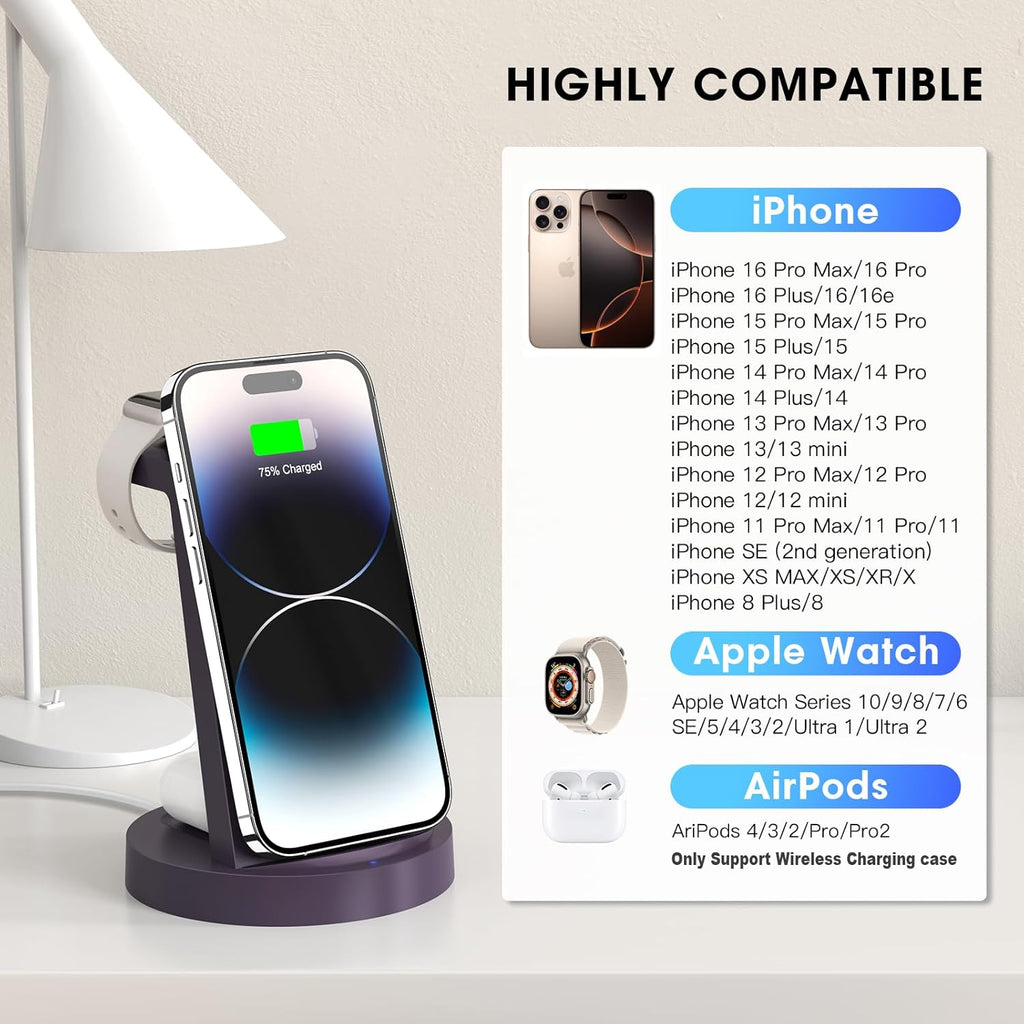 3 in 1 Charging Station for iPhone - Wireless Charger for Apple Products Multiple Devices - Charging Dock Stand for AirPods (for iPhone 17 16e 16 15 14 13 pro 12 11 X Max)