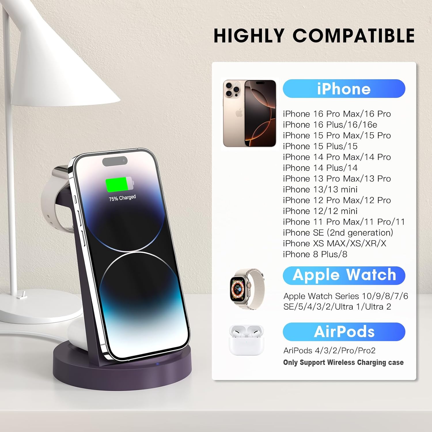 3 in 1 Charging Station for iPhone - Wireless Charger for Apple Products Multiple Devices - Charging Dock Stand for AirPods (for iPhone 17 16e 16 15 14 13 pro 12 11 X Max)