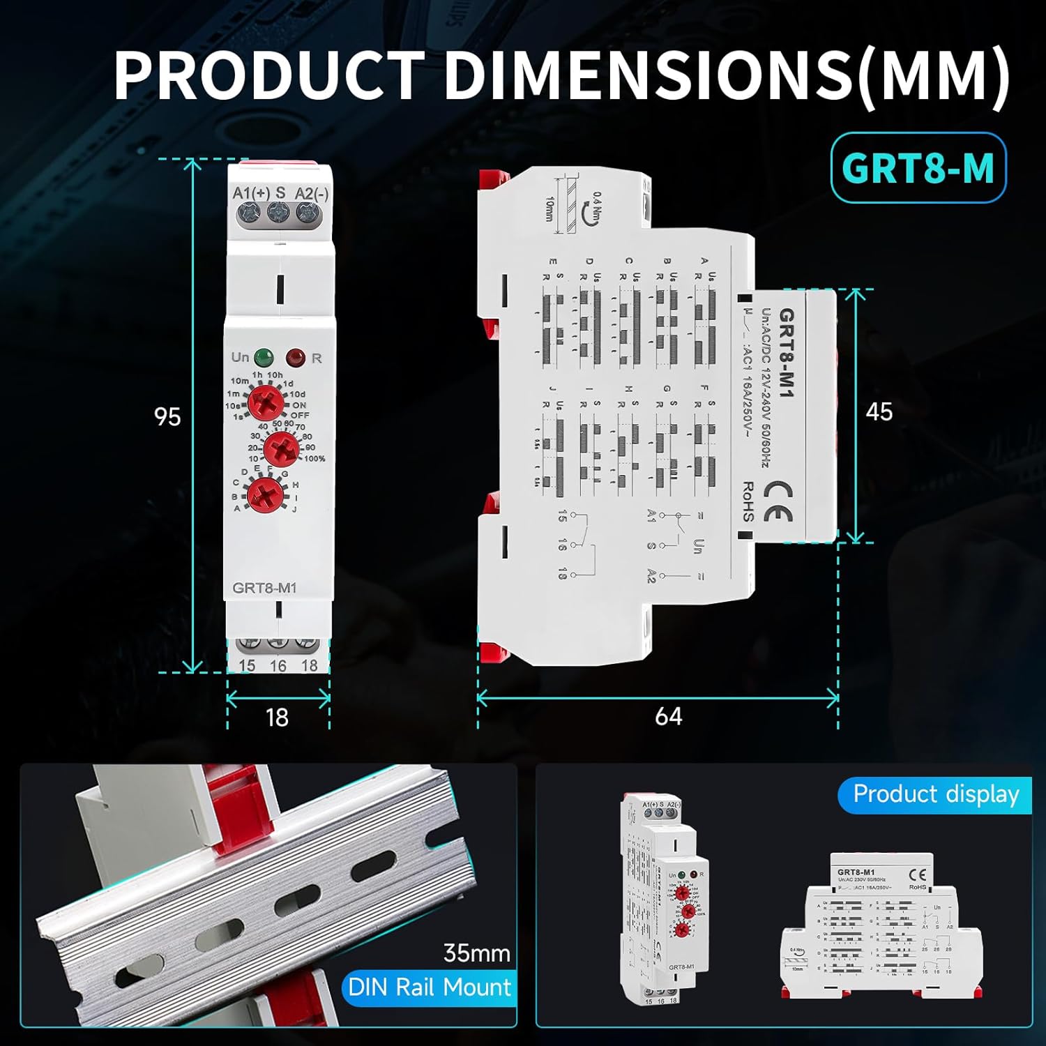 Multifunction Time Relay, 16A Delay ON Off GRT8-M1 AC DC 12-240V with 10 Relay Timer Control Delay Function Mode DIN Rail Electronic Relays of Wide Time Delay Range for 0.1 Seconds to 10 Days