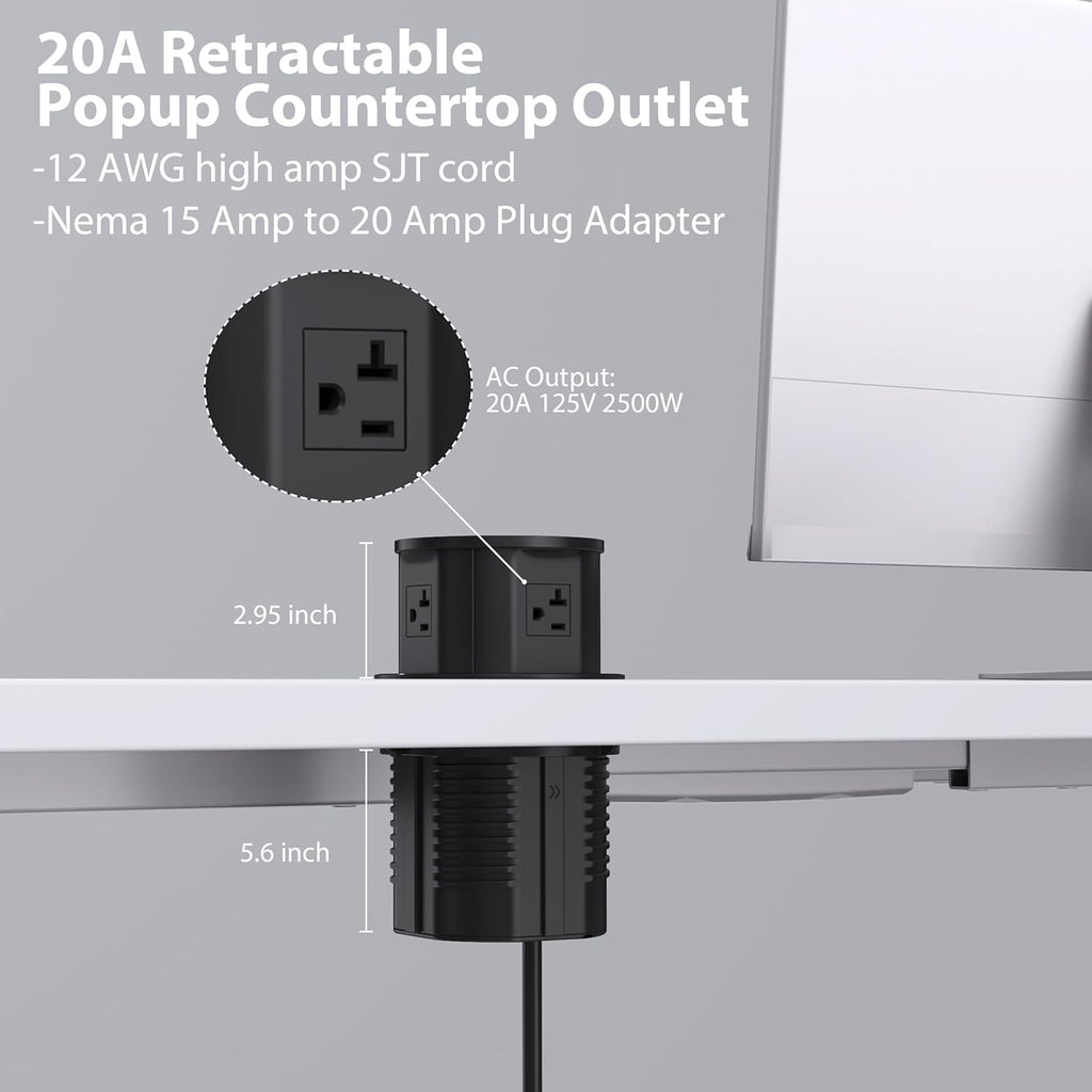 ANNQUAN 20 Amp Pop Up Countertop Outlet with 15W Wireless Charger,Max 65W Power Delivery,4.75" Pop Up Electrical Outlet with 3 Outlets 3 USB Ports for Home Office