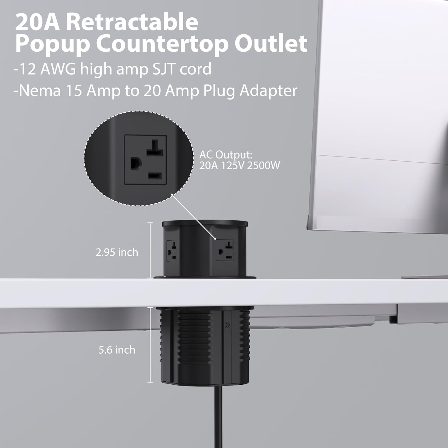 ANNQUAN 20 Amp Pop Up Countertop Outlet with 15W Wireless Charger,Max 65W Power Delivery,4.75" Pop Up Electrical Outlet with 3 Outlets 3 USB Ports for Home Office