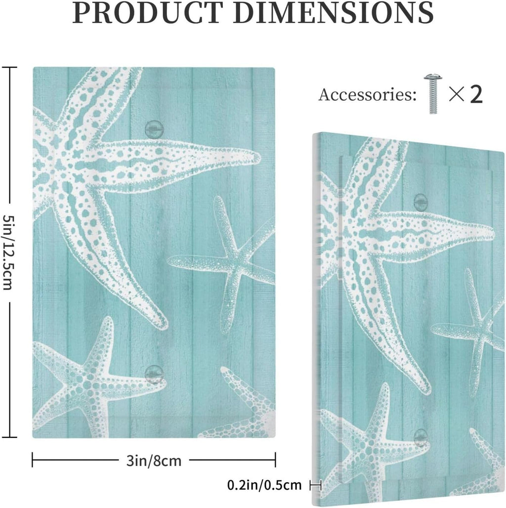 Decorative Light Switch Cover Plate Starfish Teal Wood Board Nautical 1 Gang No Device Single Blank Outlet Covers Wall Plates for Electrical Outlets Faceplate for Bedroom Home Decor