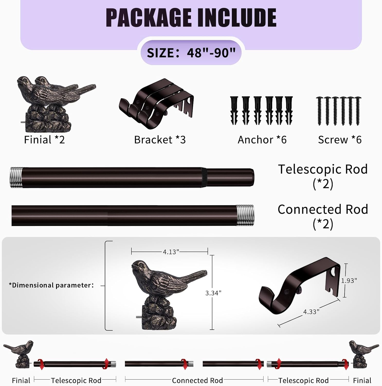 Curtain Rods 48 to 90 Inches Vintage Oil Bronze Curtain Rods for Windows Adjustable Drapery Rod with Bird Finials Heavy Duty Window Brown Curtains Rod for Living Room Bedroom