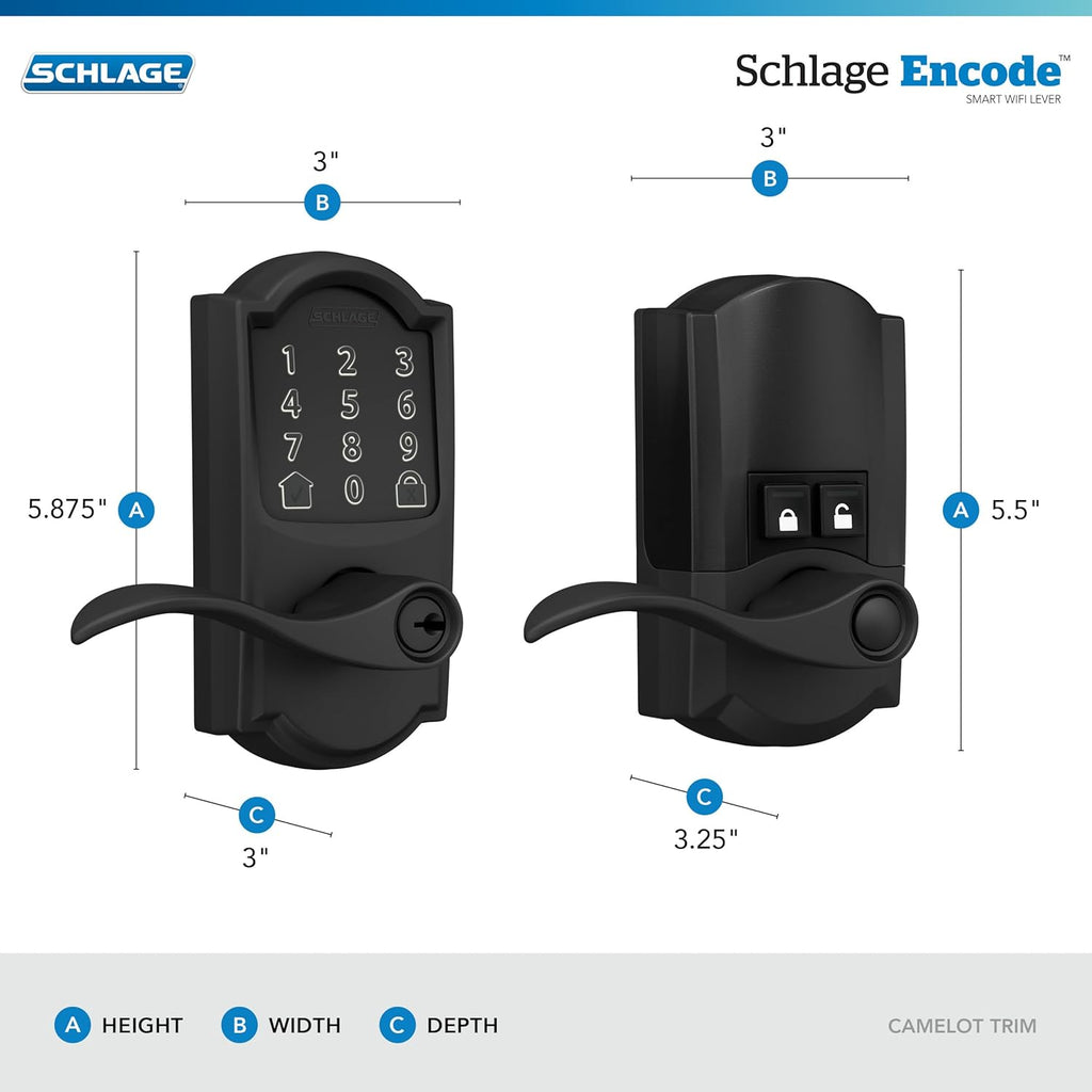 Schlage FE789WB CAM 622 Acc Encode WiFi Accent Lever Smart Lock, Keyless Entry Touchscreen Door Lock with Camelot Trim, Matte Black