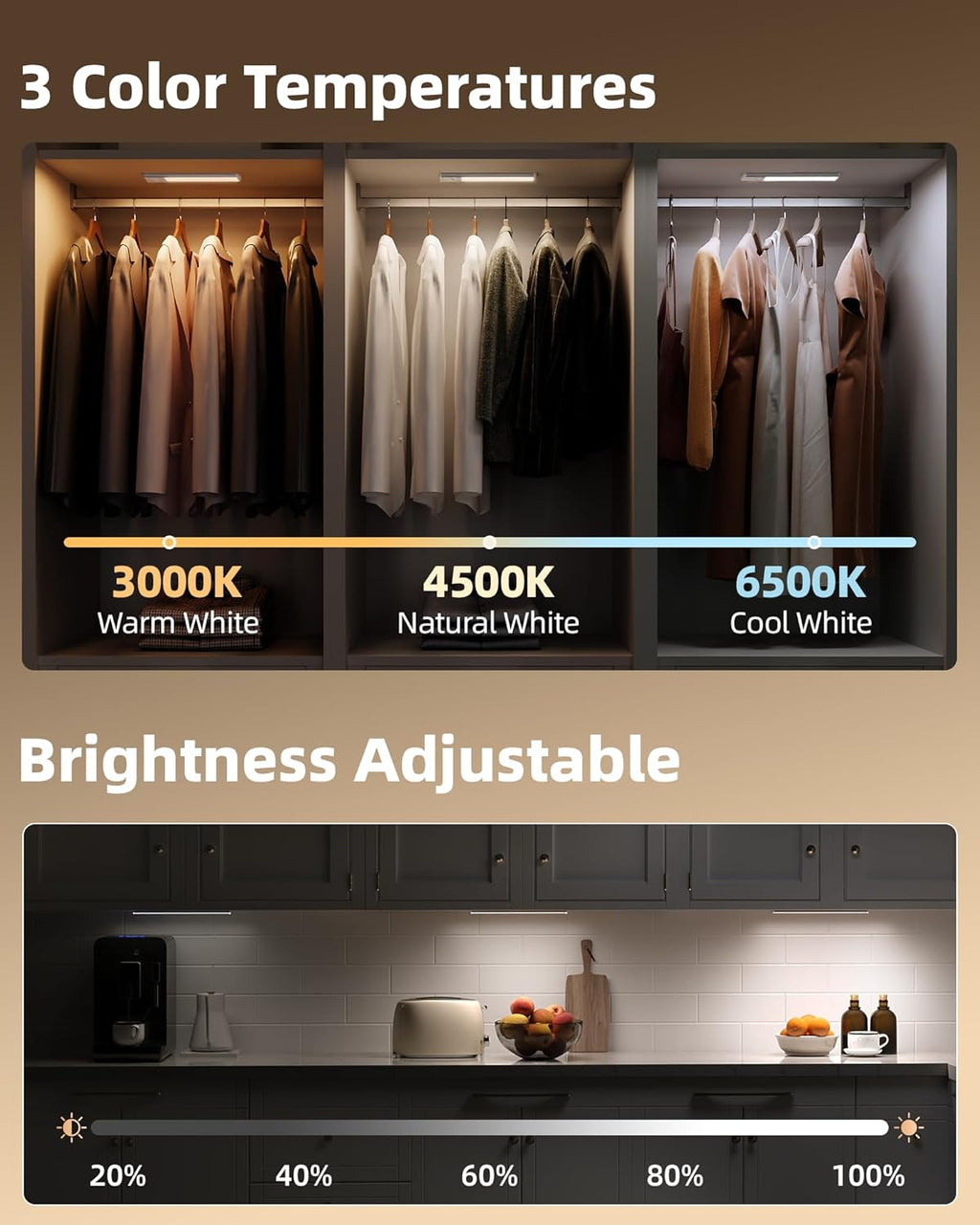 EZVALO 4-Pack Under Cabinet Lights, 2300mAh Rechargeable Motion Sensor Light Indoor, Wireless Closet Lights Battery Operated, with 3 Color Temps, Dimmable, Magnetic, for Kitchen, Stair, Pantry(8inch)