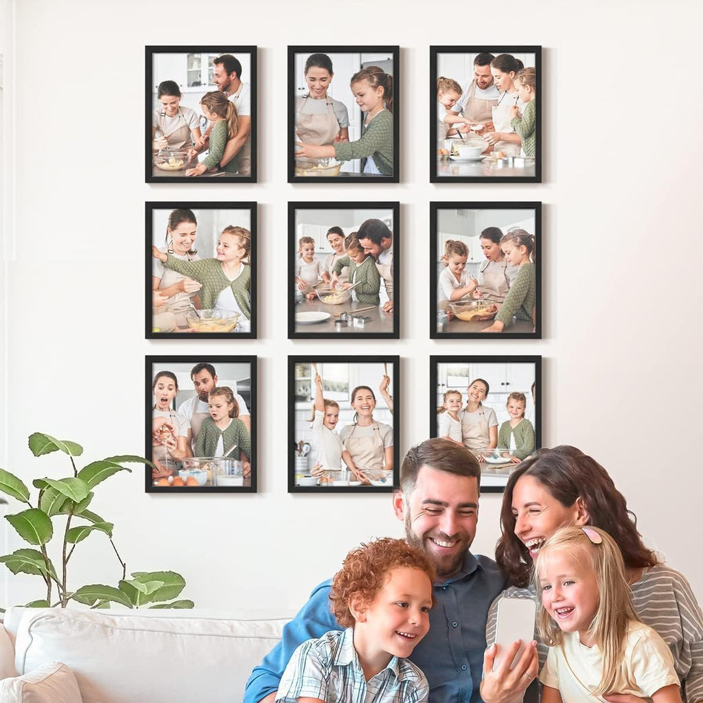Renditions Gallery Set of 9, 8X10 Custom Photo Prints with Real Wood Picture Frames. Create Personalized Photos with Peel & Stick Photo Frames. Black Frame