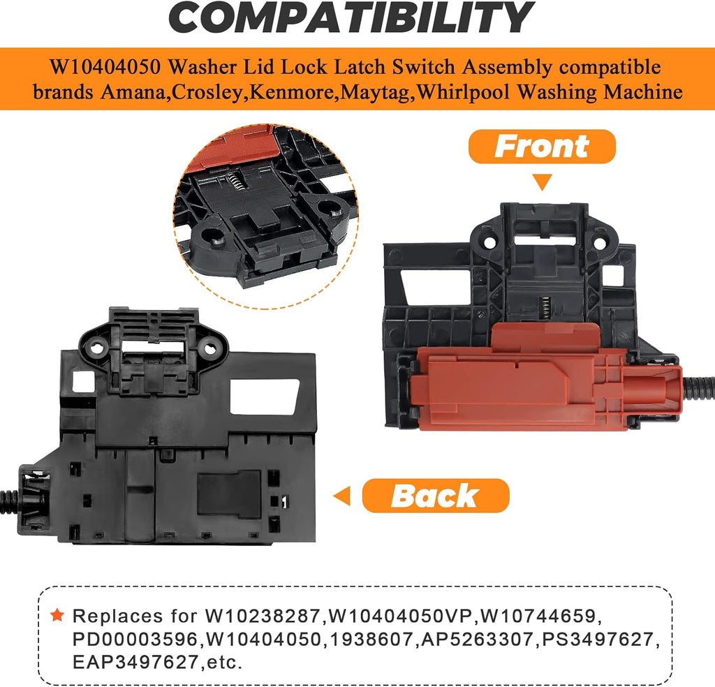 Upgraded W10404050 W10238287 Washer Lid Lock Latch Switch Assembly W10240513 Lid Strike by Blutoget - Fit for Whirlpool Ken-more Amana Crosley Washing Machine Replace AP5263307 W10744659 PS349762