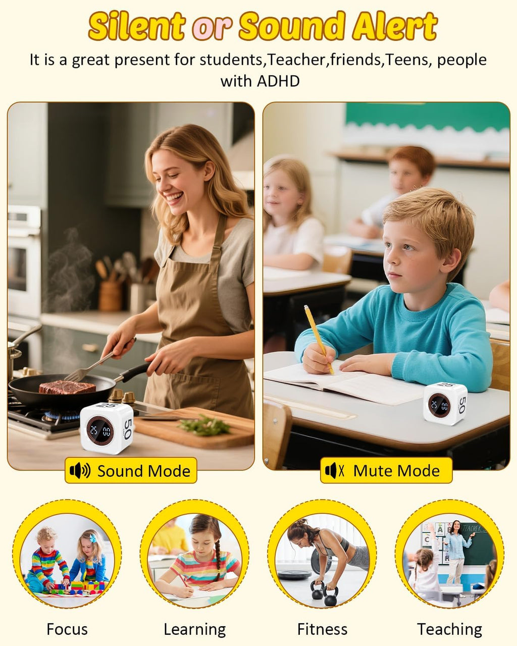 Pomodoro Timer Cube Visual Productivity Flip Timer for Kids Classroom Desk, 5/10/25/50min&Custom Countdown, Silent&Sound Mode Digital Cube for ADHD Study Work School Game Kitchen (White)