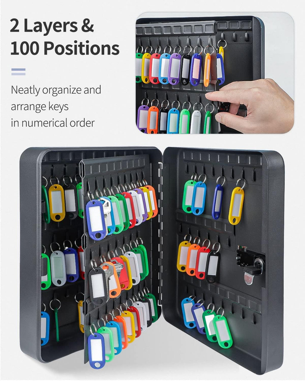 Uniclife 100 Position Key Cabinet with Combination Lock Resettable Black Digital Security Storage Box Steel Key Organizer with Colorful Key Tag Labels Stickers and Hooks