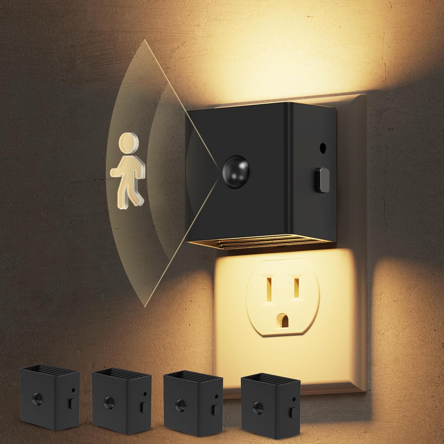 L LOHAS LED Motion Sensor Night Light,[4-Pack] Plug in Night Light with Dusk to Dawn Sensor,Brightness Adjustable,3000K Soft White Nightlight for Bathroom Hallway Kitchen