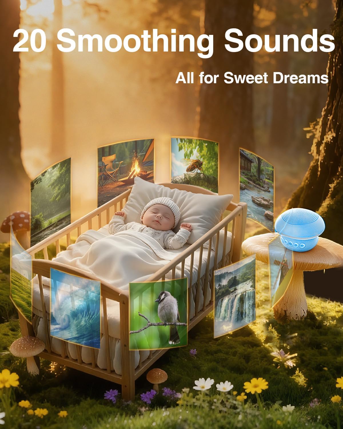 Portable White Noise Sound Machine for Baby, Kids & Adults, 20 Non-Looping Sounds, 48H Playtime, 30 Level Volume, Memory, 3 Timers & Night Light, Sound Therapy for Sleep, Home, Travel, Office, Gift