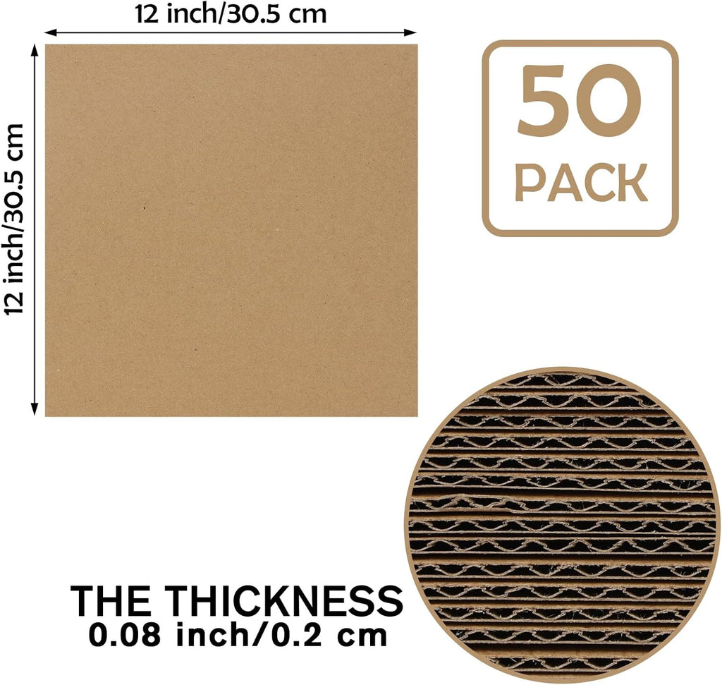 Calenzana 12x12 Browm Corrugated Cardboard Sheets, Flat Card Boards Inserts for Crafts, Packing, Shipping, Moving, Mailing, 50 Pack