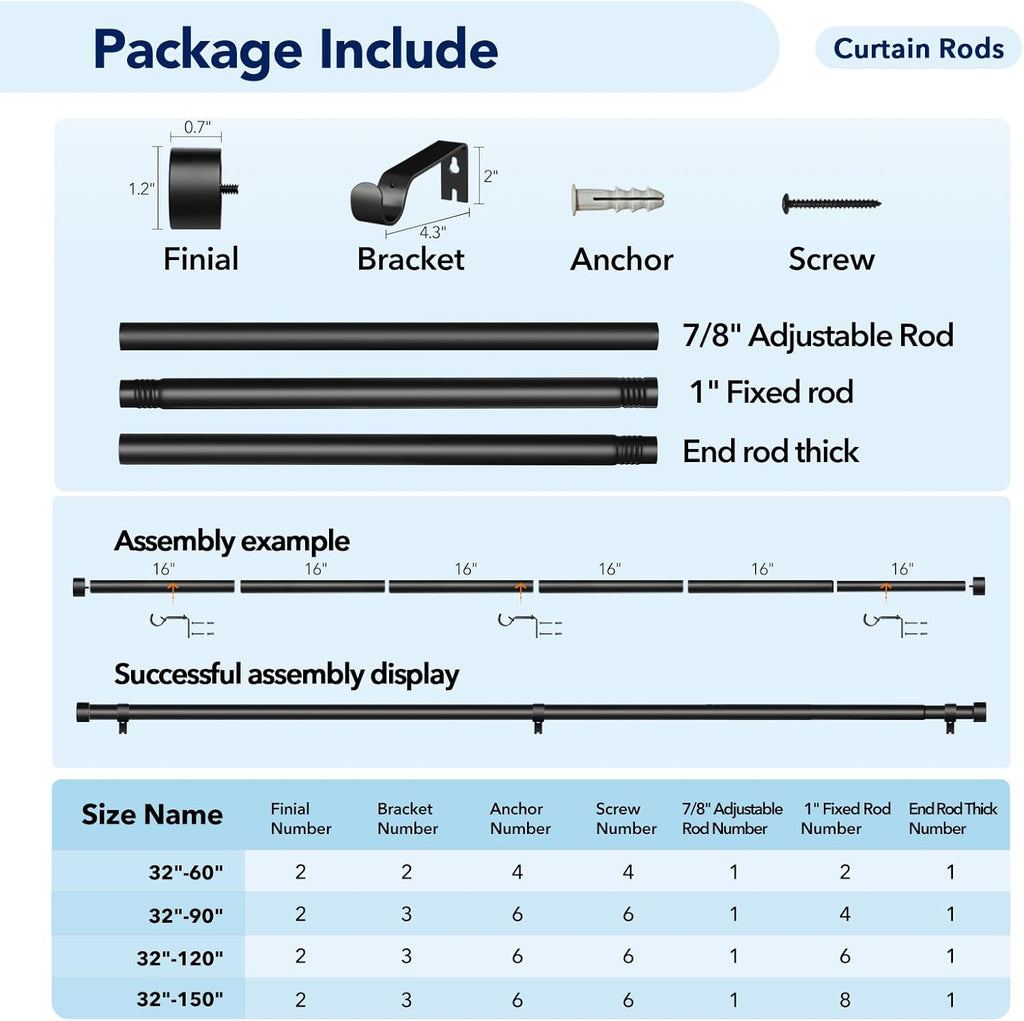 2 Pack Curtain Rods for Windows 72 to 144 Inch, 1 Inch Black Adjustable Heavy Duty Extra Long Curtain Rod Set with End Cap, Modern Outdoor Drapery Rods for Patio Bedroom, Size 32"- 150"