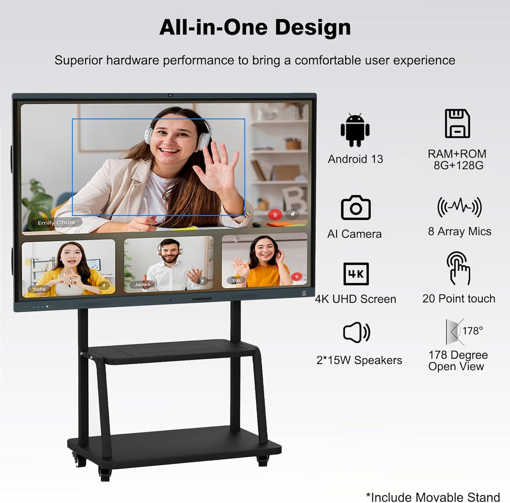 86 Inch Interactive Whiteboard, All in One Electronic Whiteboard for Classroom and Office, 4K Touchscreen Digital Smart Board with Camera and Mics (Board+Movable Stand+Wall Mount)