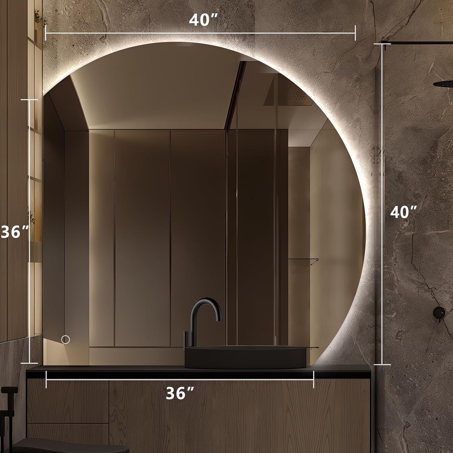 Niccy 40" Semicircular Wall Mounted Frameless LED Mirror, Modern Half Moon Design, Anti-Fog, Shatter-Proof, 3 Color Temperatures, Dimmable Light, Bathroom & Bedroom Use