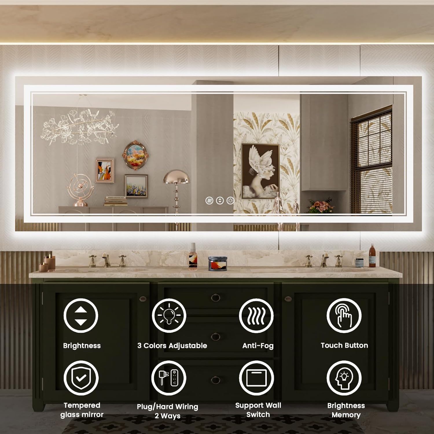 84x32 Inch Large LED Mirror Bathroom with Lights, Backlit and Front Lighted Bathroom Vanity Mirror for Wall, Anti Fog,Dimmable,Shatterproof